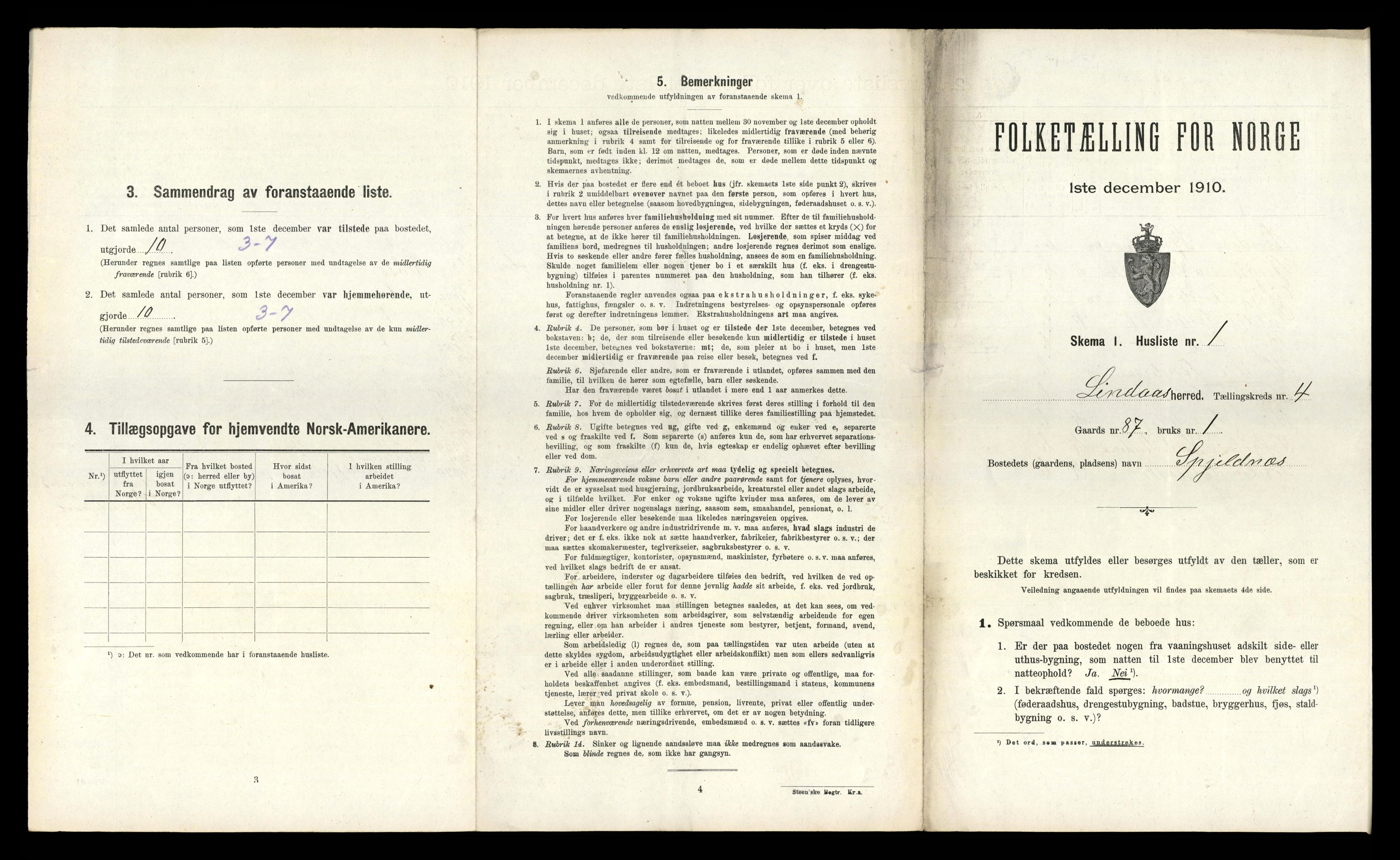 RA, 1910 census for Lindås, 1910, p. 292