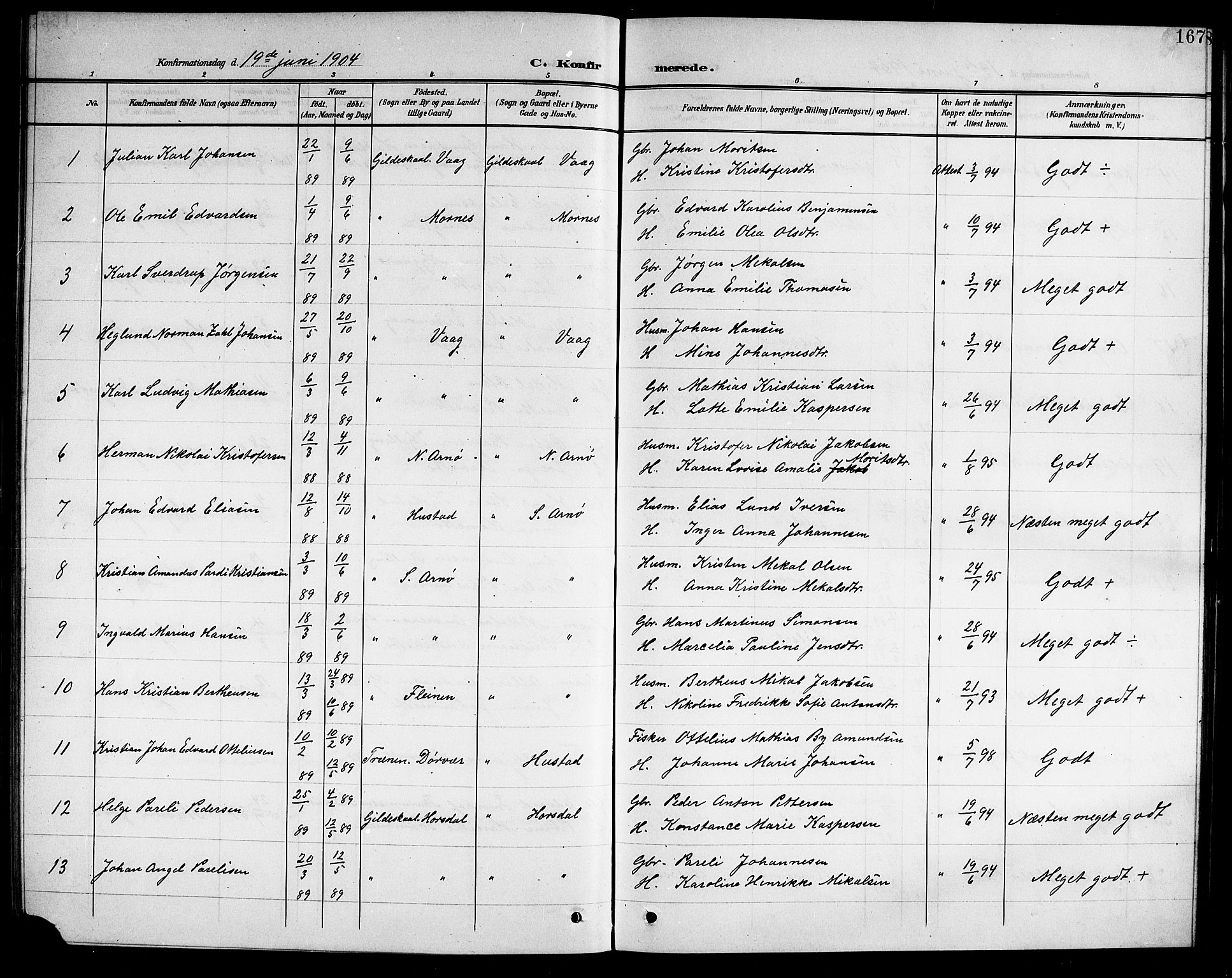 Ministerialprotokoller, klokkerbøker og fødselsregistre - Nordland, SAT/A-1459/805/L0109: Parish register (copy) no. 805C05, 1900-1911, p. 167