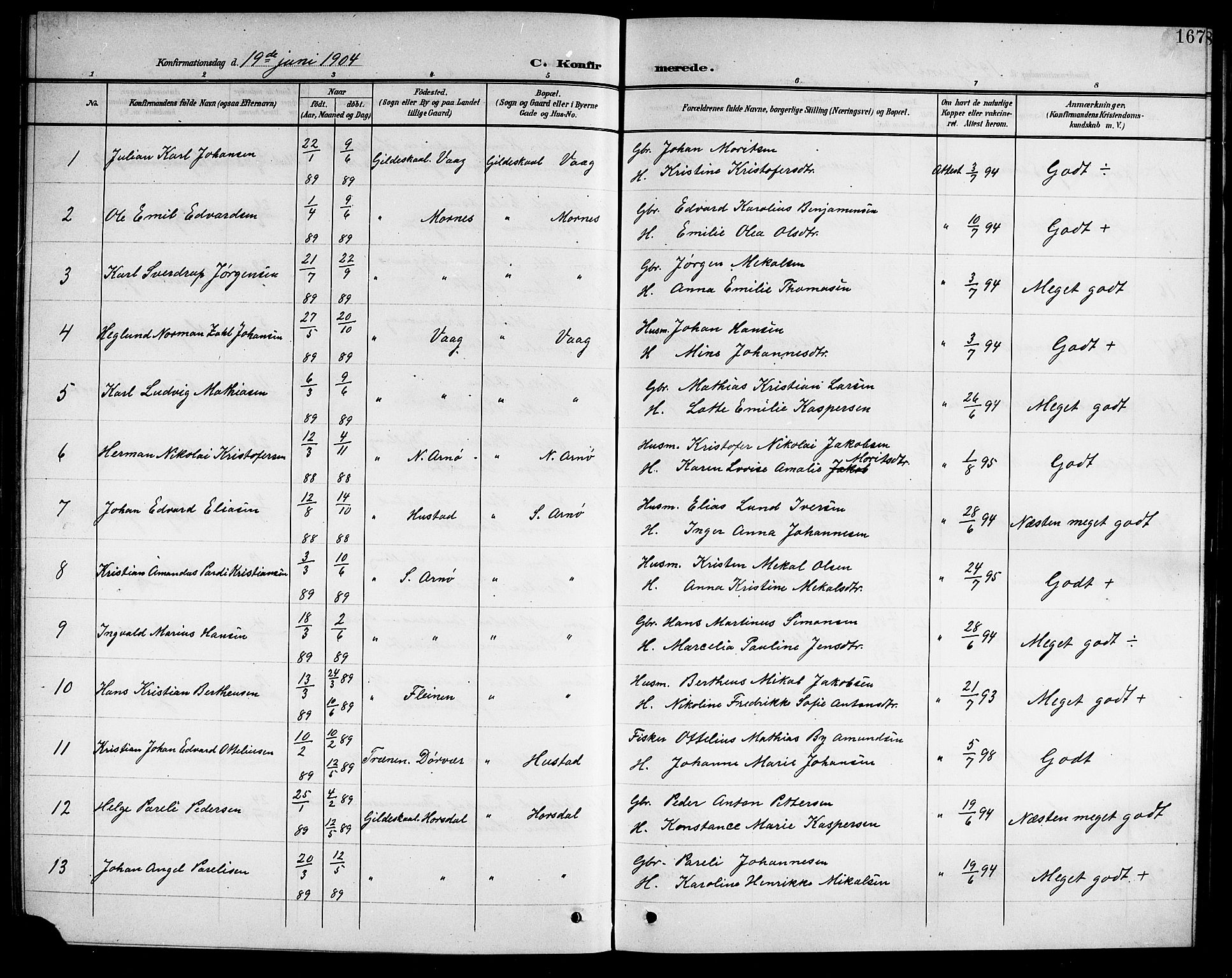 Ministerialprotokoller, klokkerbøker og fødselsregistre - Nordland, AV/SAT-A-1459/805/L0109: Parish register (copy) no. 805C05, 1900-1911, p. 167