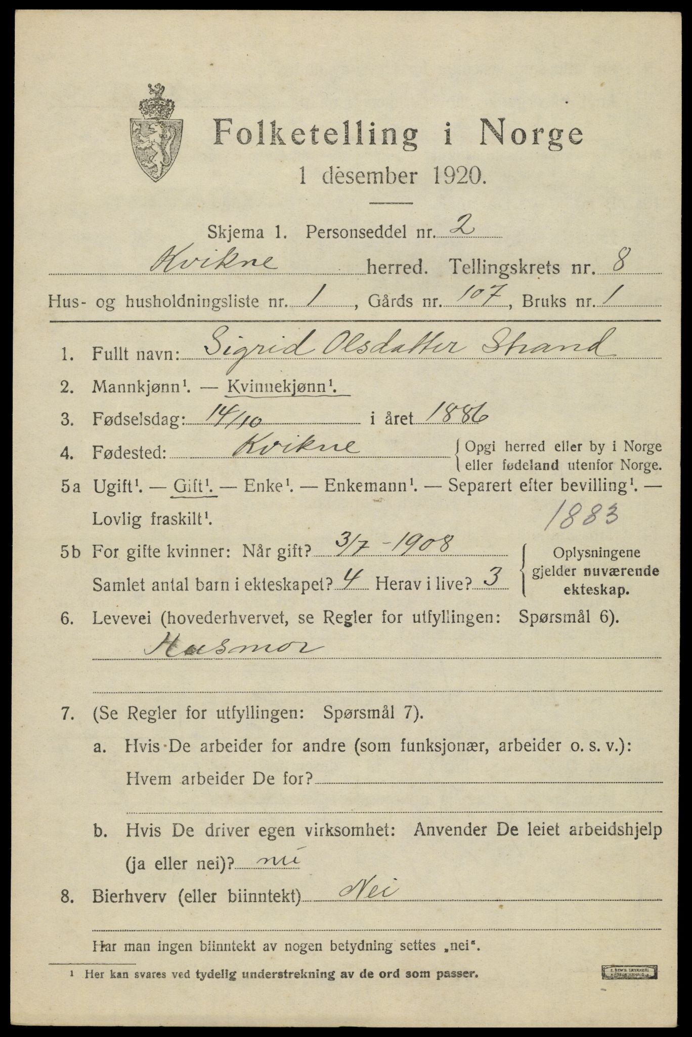 SAH, 1920 census for Kvikne, 1920, p. 3318