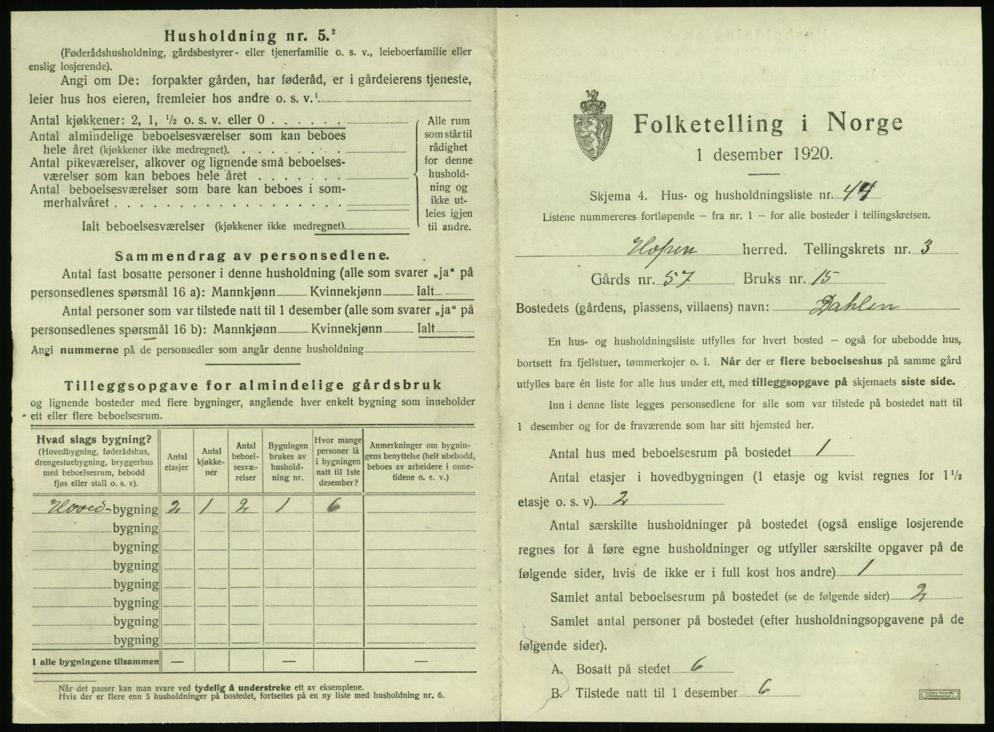 SAT, 1920 census for Hopen, 1920, p. 290