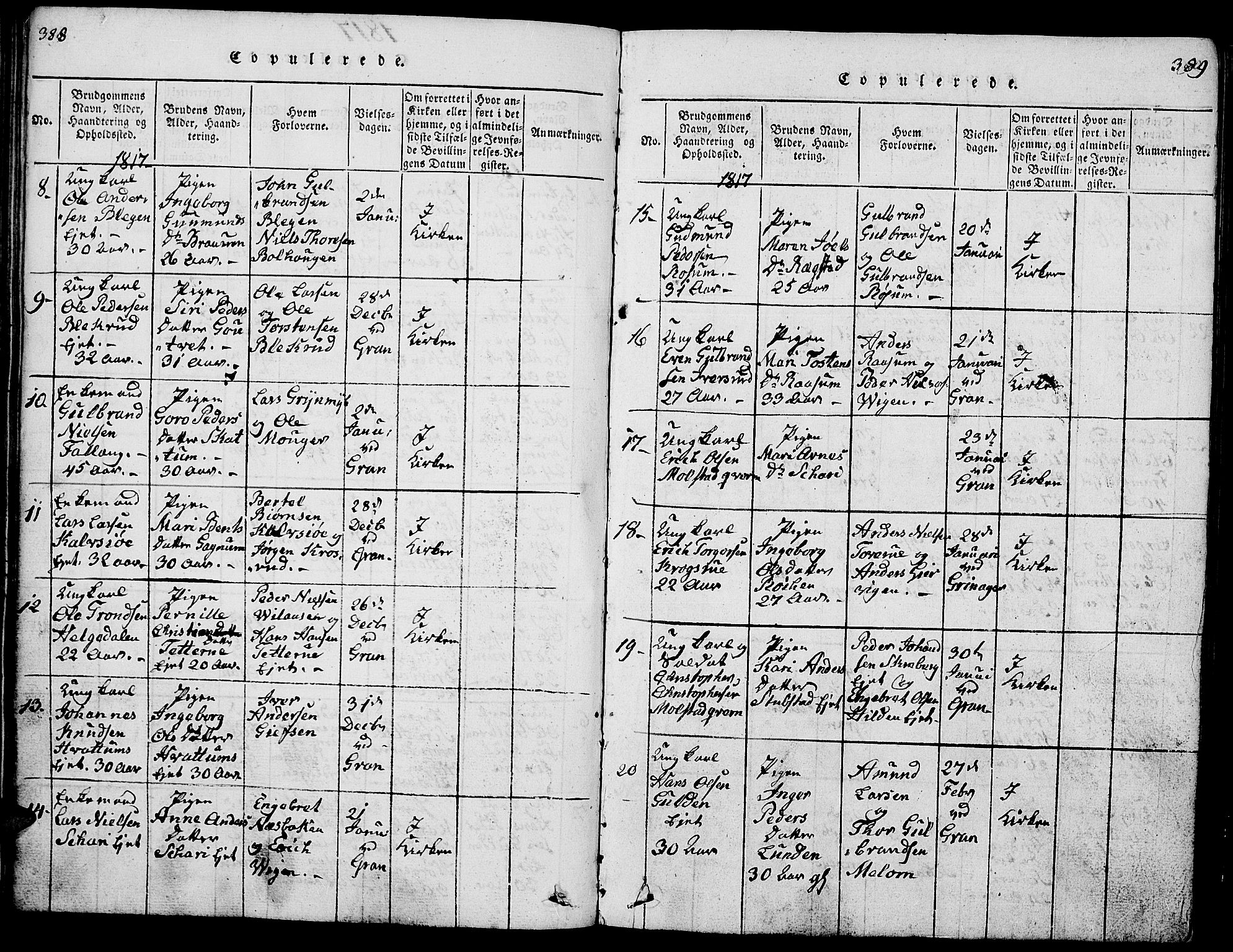 Gran prestekontor, SAH/PREST-112/H/Ha/Hab/L0001: Parish register (copy) no. 1, 1815-1824, p. 388-389