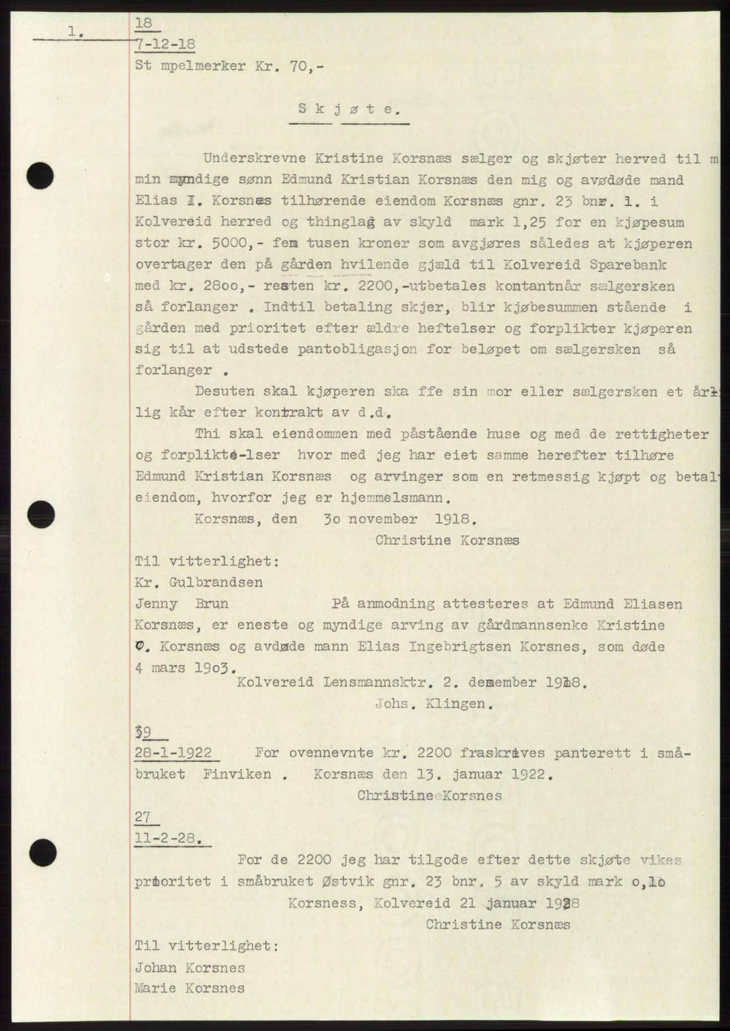 Namdal sorenskriveri, SAT/A-4133/1/2/2C: Mortgage book no. -, 1916-1921, Deed date: 07.12.1918