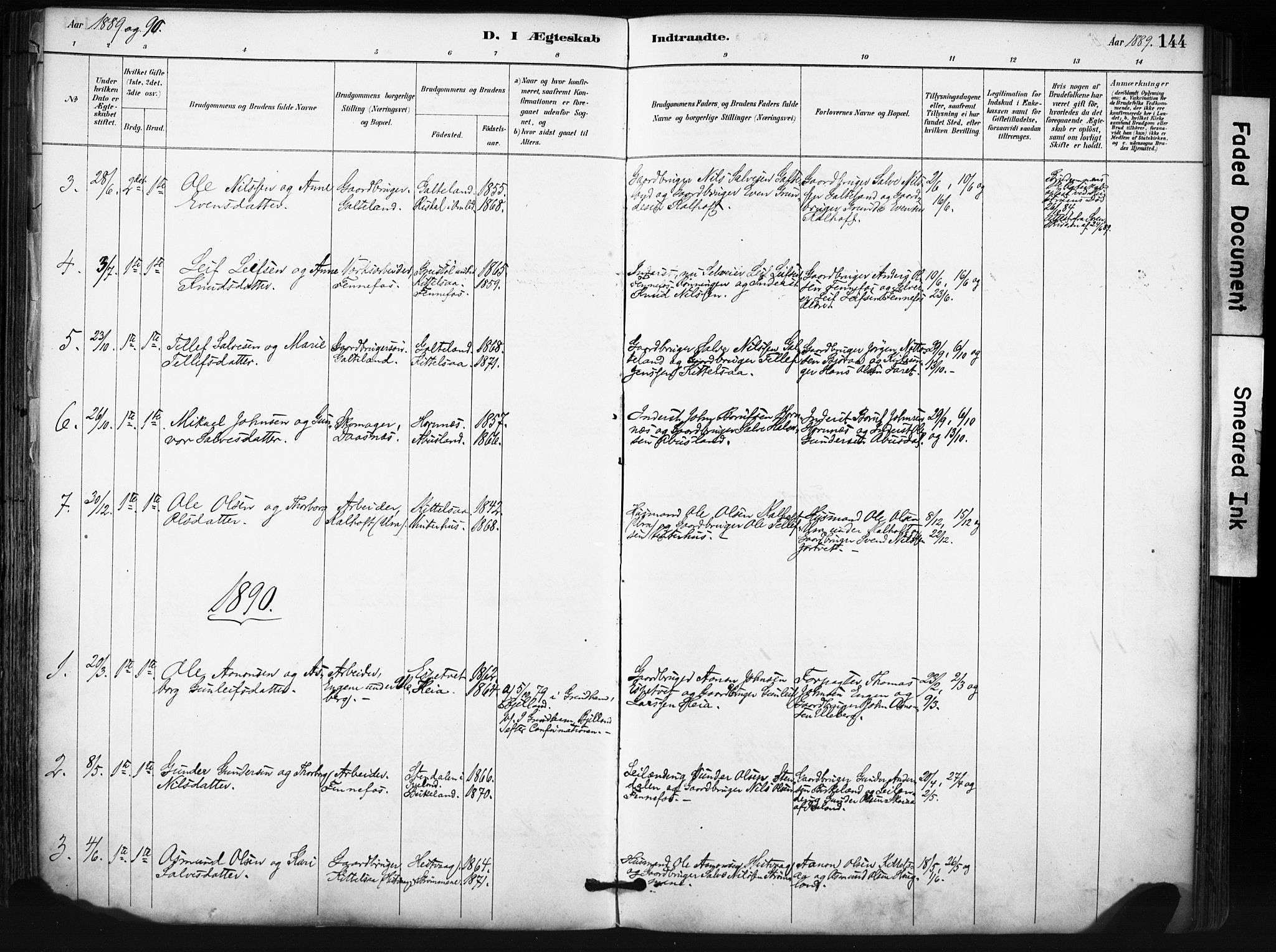 Evje sokneprestkontor, SAK/1111-0008/F/Fa/Fab/L0003: Parish register (official) no. A 3, 1884-1909, p. 144