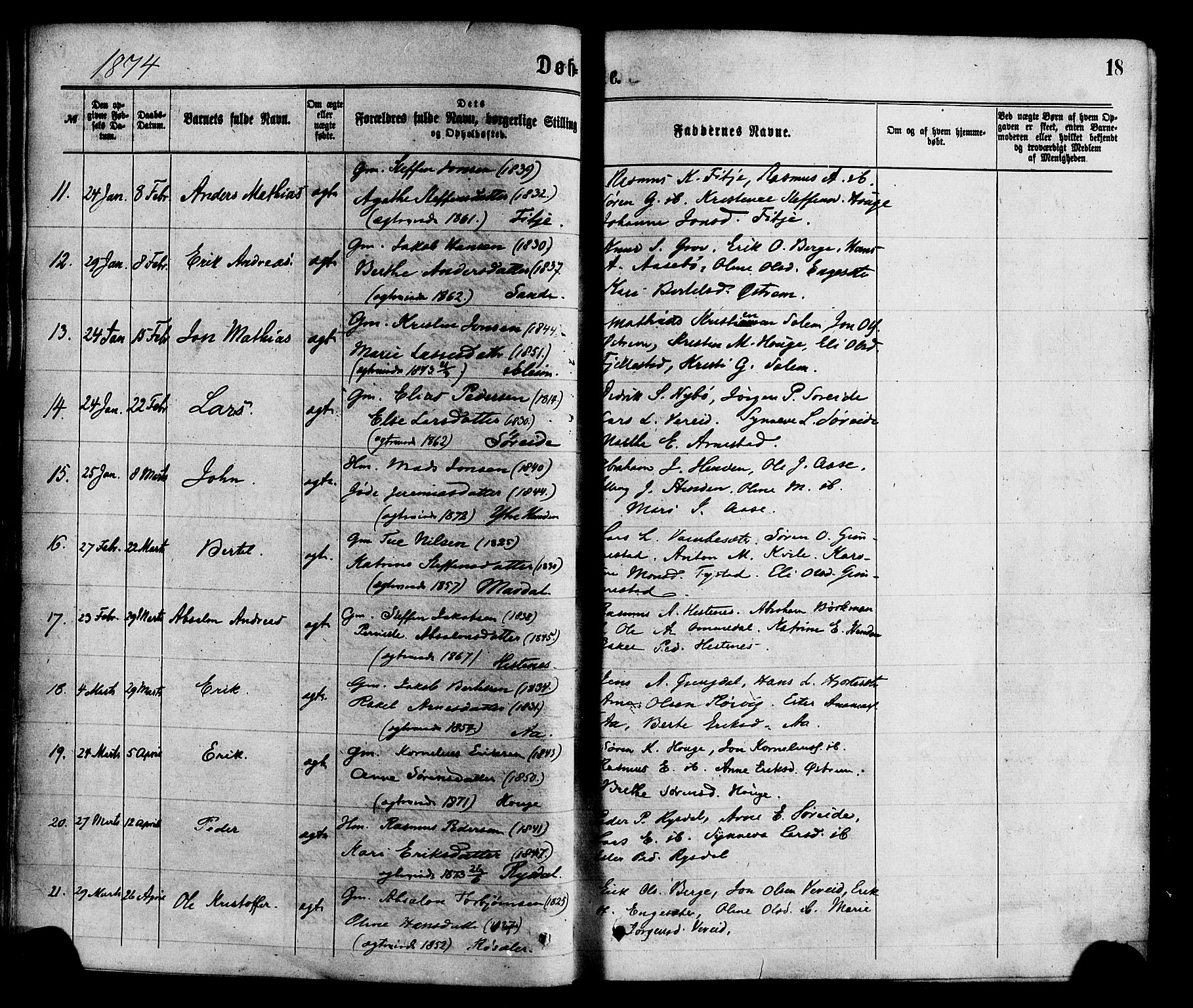 Gloppen sokneprestembete, AV/SAB-A-80101/H/Haa/Haaa/L0010: Parish register (official) no. A 10, 1871-1884, p. 18