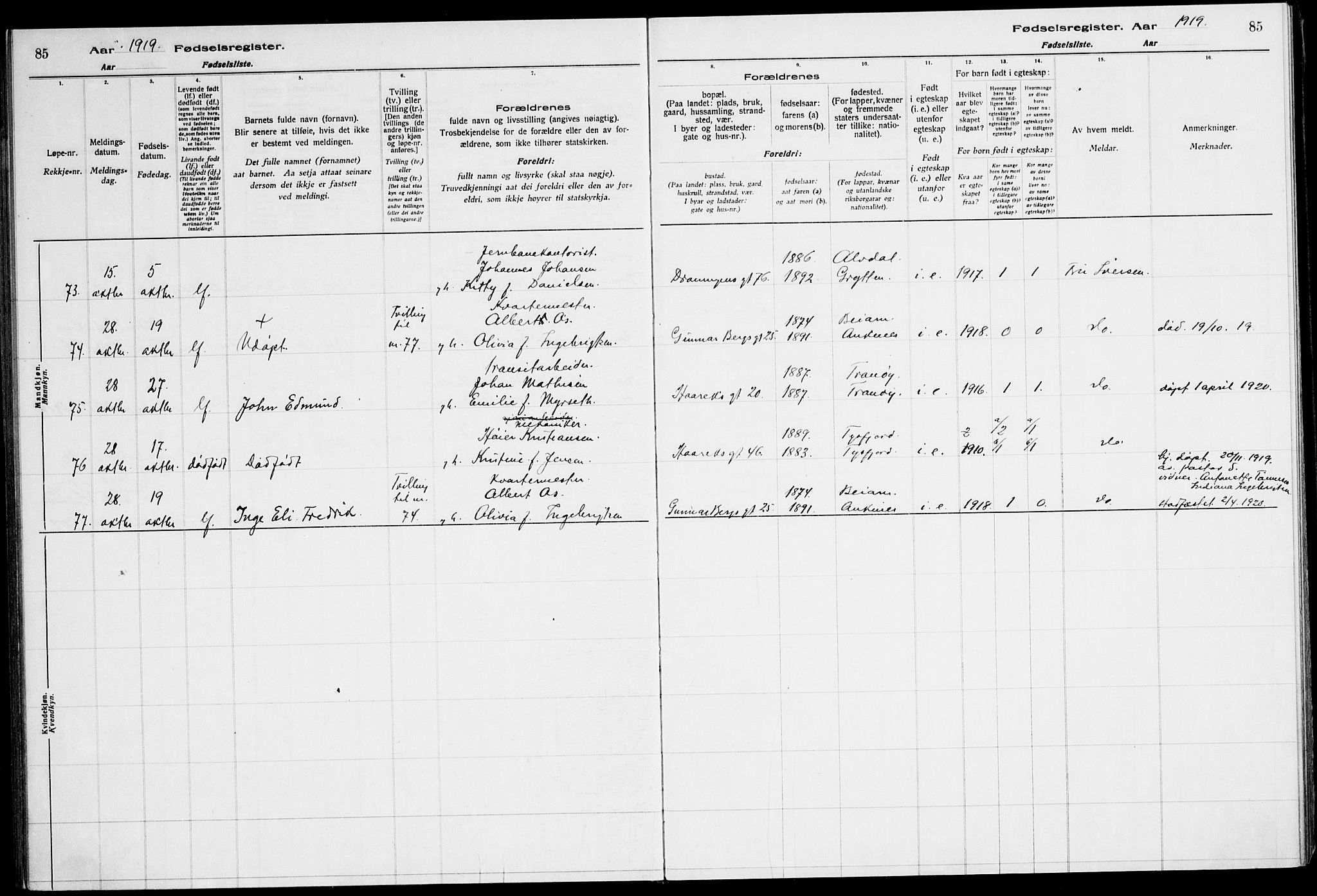 Ministerialprotokoller, klokkerbøker og fødselsregistre - Nordland, AV/SAT-A-1459/871/L1013: Birth register no. 871.II.4.1, 1916-1924, p. 85