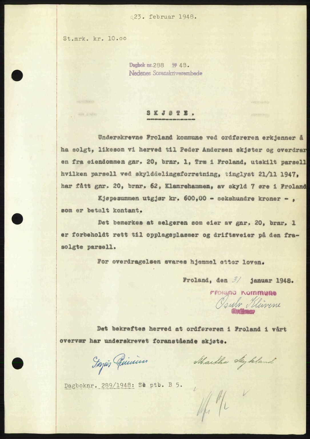 Nedenes sorenskriveri, SAK/1221-0006/G/Gb/Gba/L0058: Mortgage book no. A10, 1947-1948, Diary no: : 288/1948