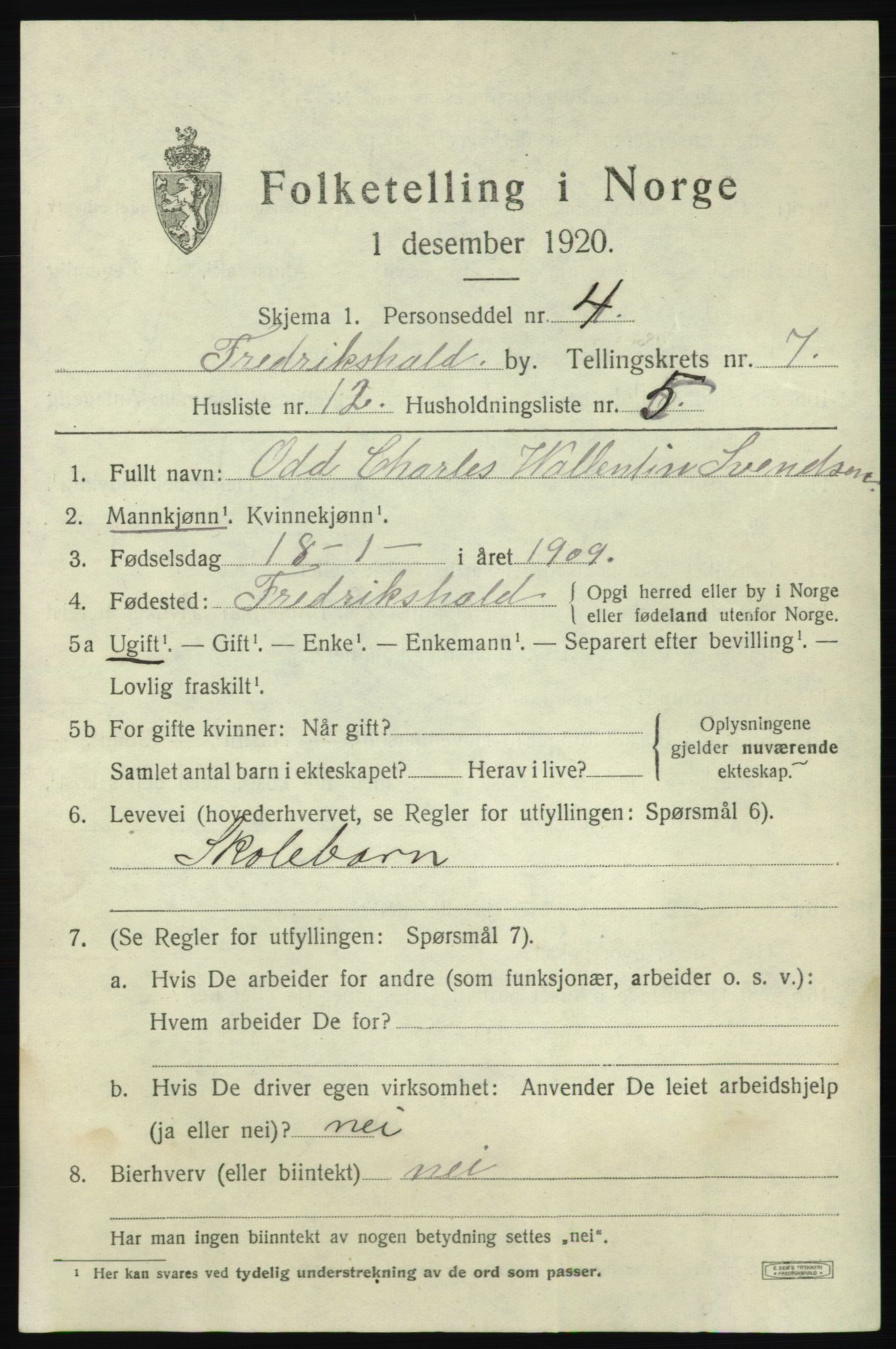 SAO, 1920 census for Fredrikshald, 1920, p. 14082