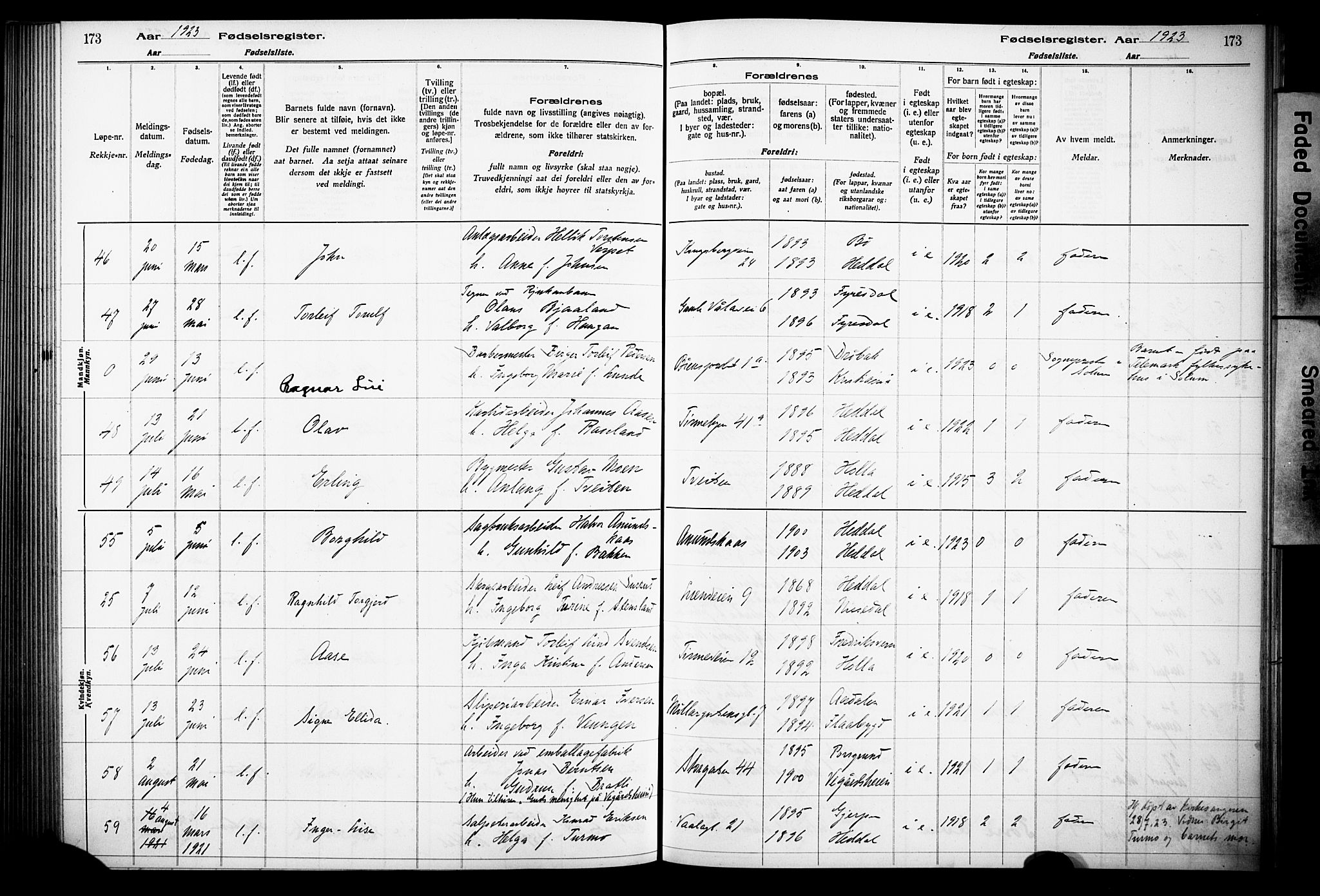 Notodden kirkebøker, AV/SAKO-A-290/J/Ja/L0001: Birth register no. 1, 1916-1924, p. 173