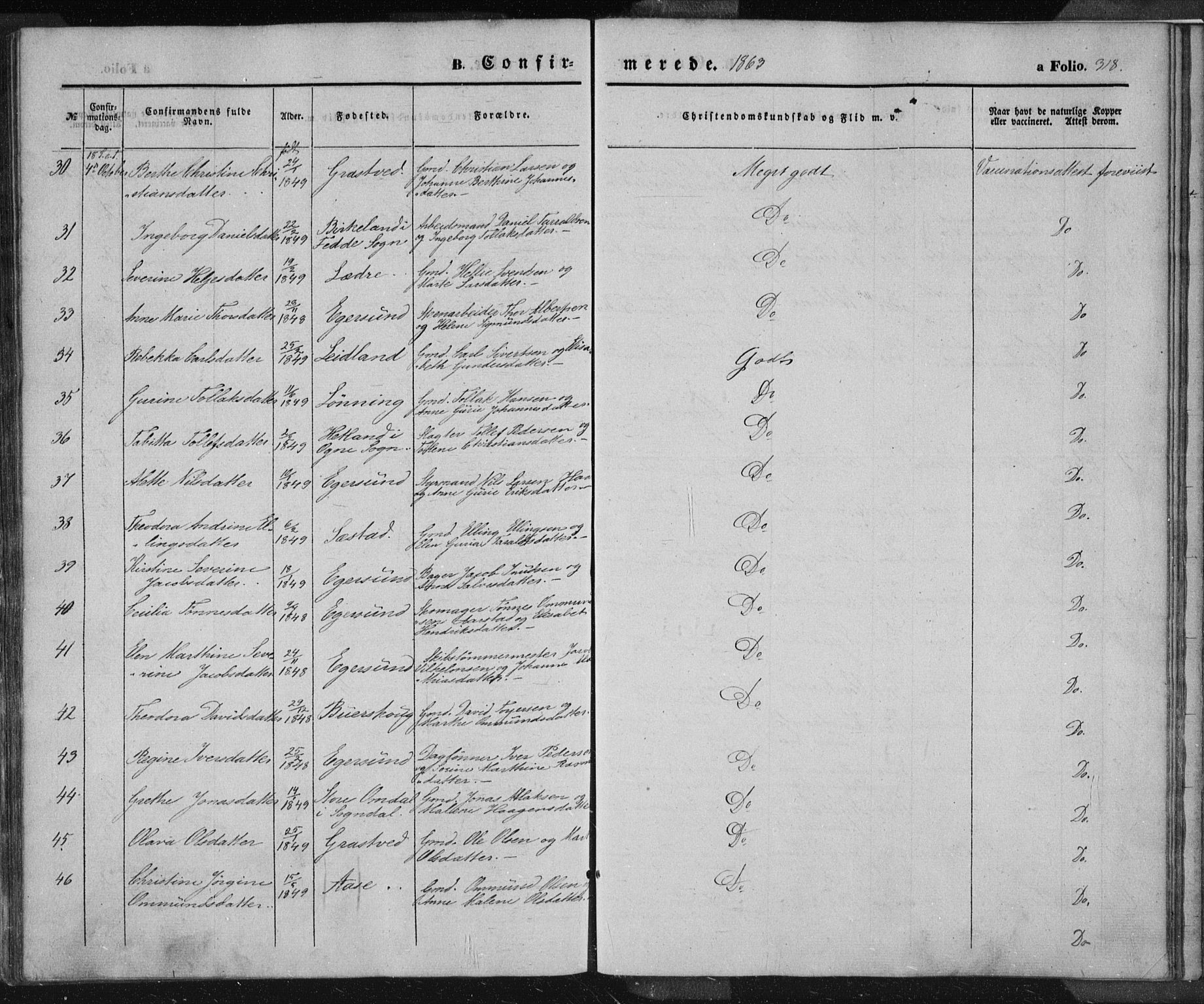 Eigersund sokneprestkontor, AV/SAST-A-101807/S08/L0012: Parish register (official) no. A 12.1, 1850-1865, p. 318