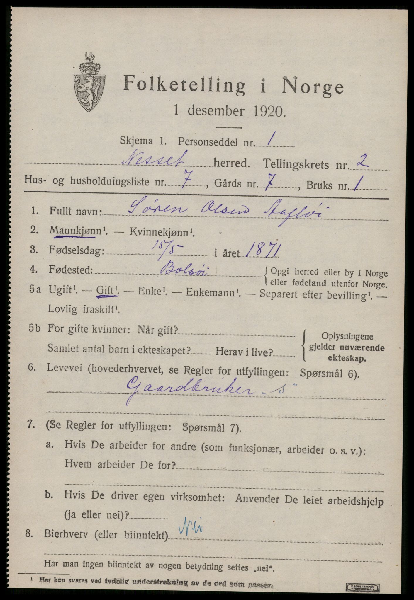 SAT, 1920 census for Nesset, 1920, p. 1086