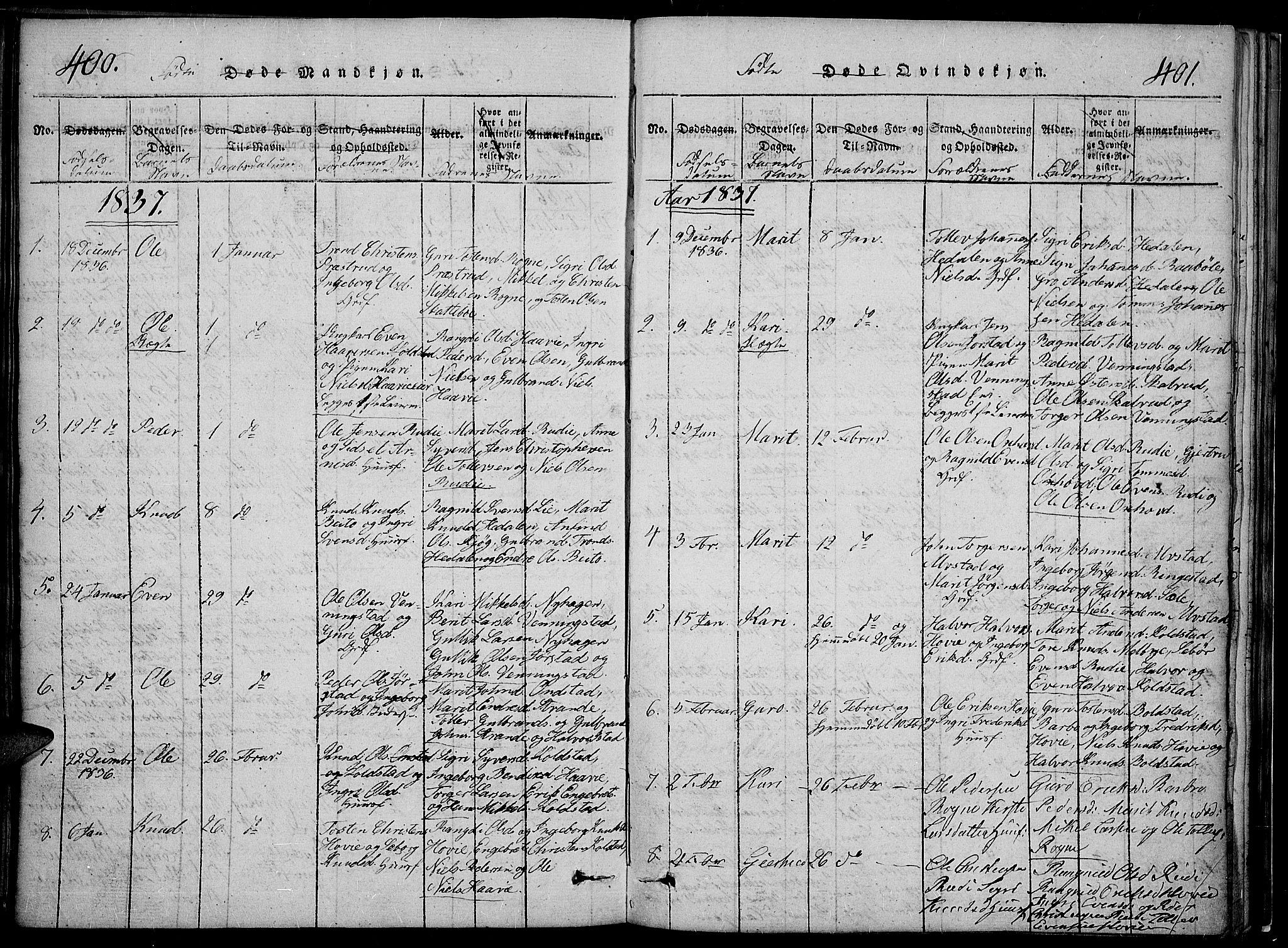 Slidre prestekontor, SAH/PREST-134/H/Ha/Hab/L0002: Parish register (copy) no. 2, 1814-1839, p. 400-401