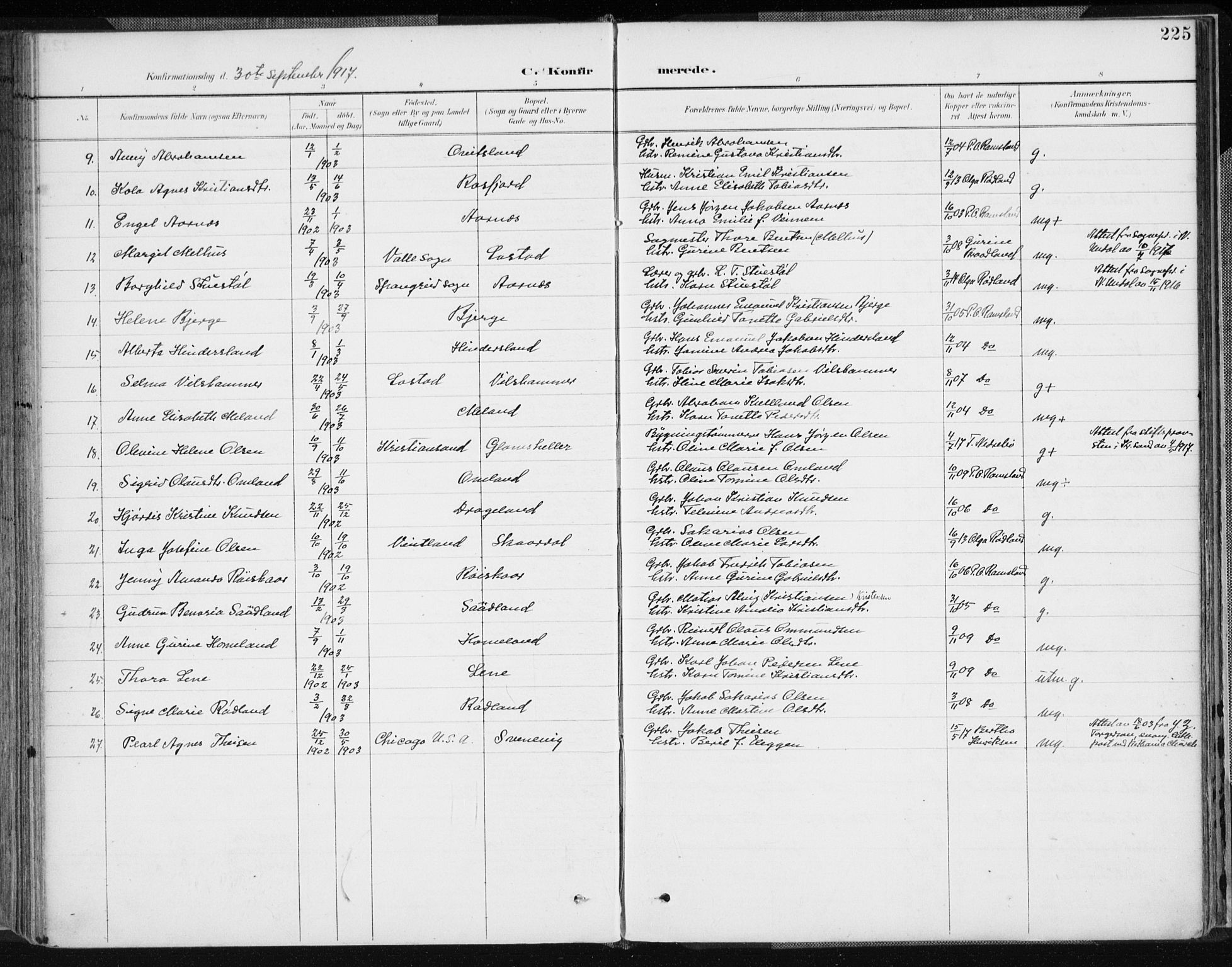 Lyngdal sokneprestkontor, AV/SAK-1111-0029/F/Fa/Fac/L0012: Parish register (official) no. A 12, 1894-1918, p. 225