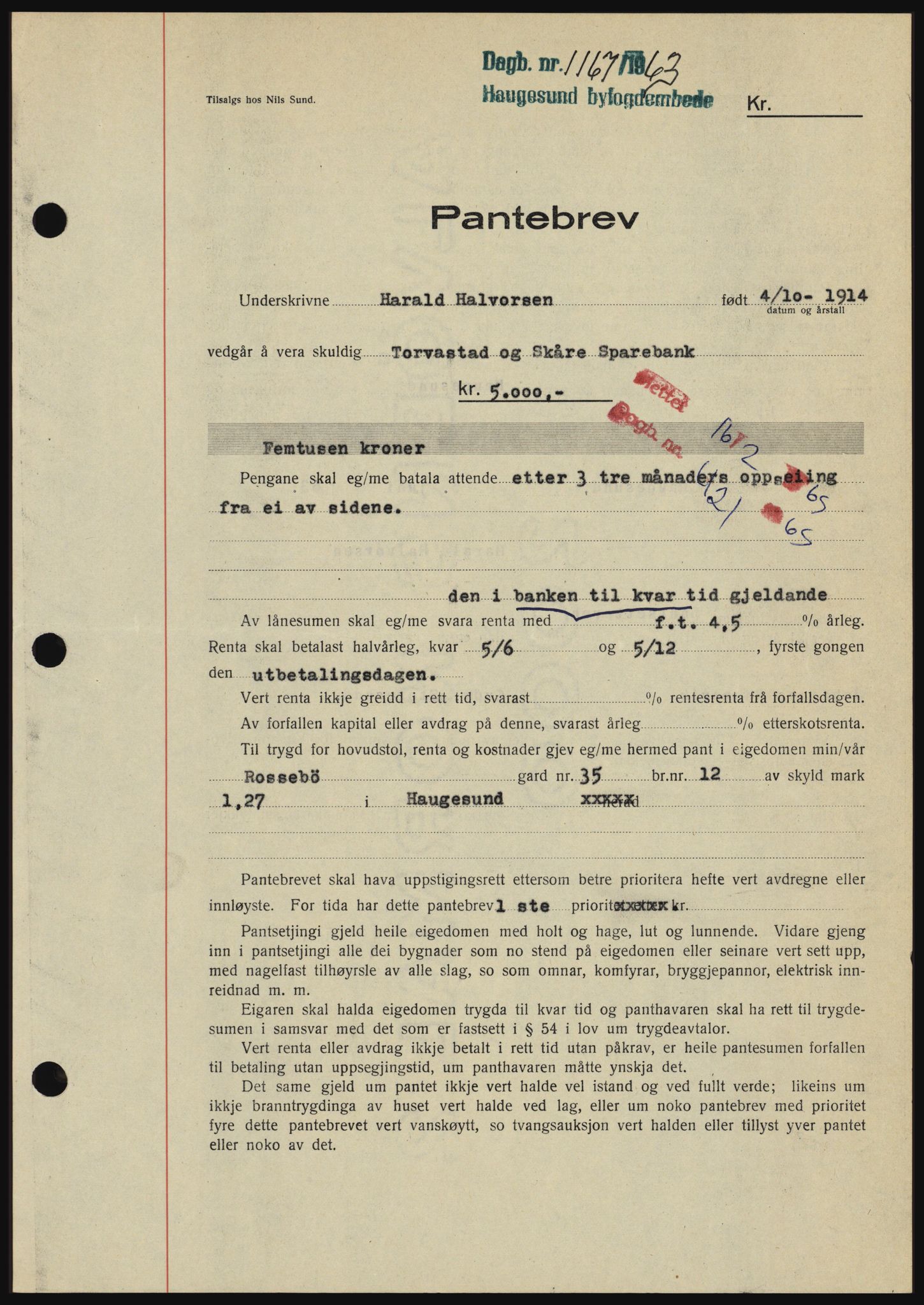 Haugesund tingrett, AV/SAST-A-101415/01/II/IIC/L0050: Mortgage book no. B 50, 1962-1963, Diary no: : 1167/1963