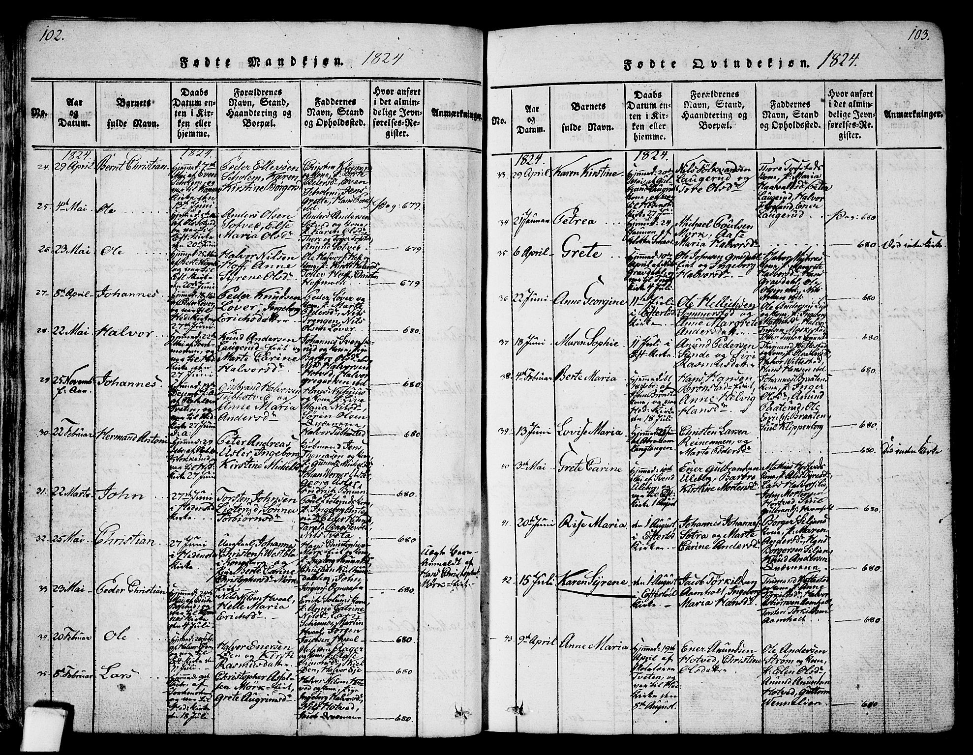 Sandsvær kirkebøker, SAKO/A-244/G/Ga/L0003: Parish register (copy) no. I 3, 1817-1839, p. 102-103