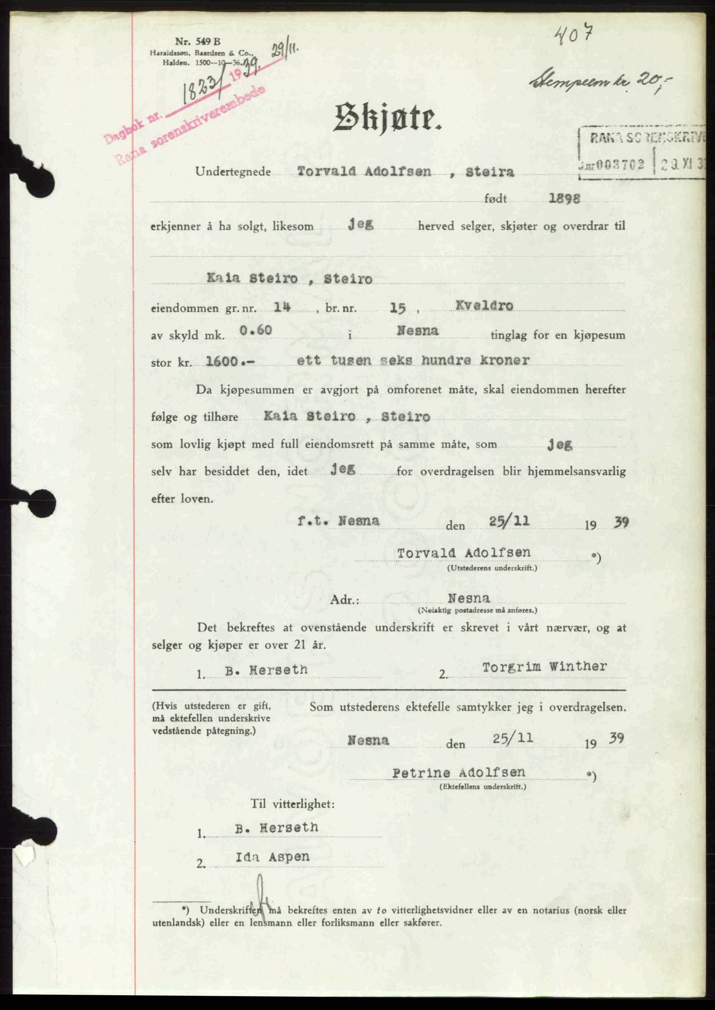 Rana sorenskriveri , SAT/A-1108/1/2/2C: Mortgage book no. A 6, 1939-1940, Diary no: : 1823/1939