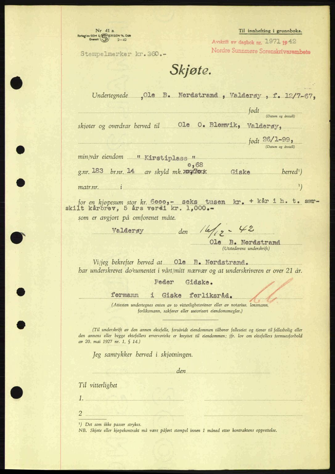 Nordre Sunnmøre sorenskriveri, AV/SAT-A-0006/1/2/2C/2Ca: Mortgage book no. A15, 1942-1943, Diary no: : 1971/1942