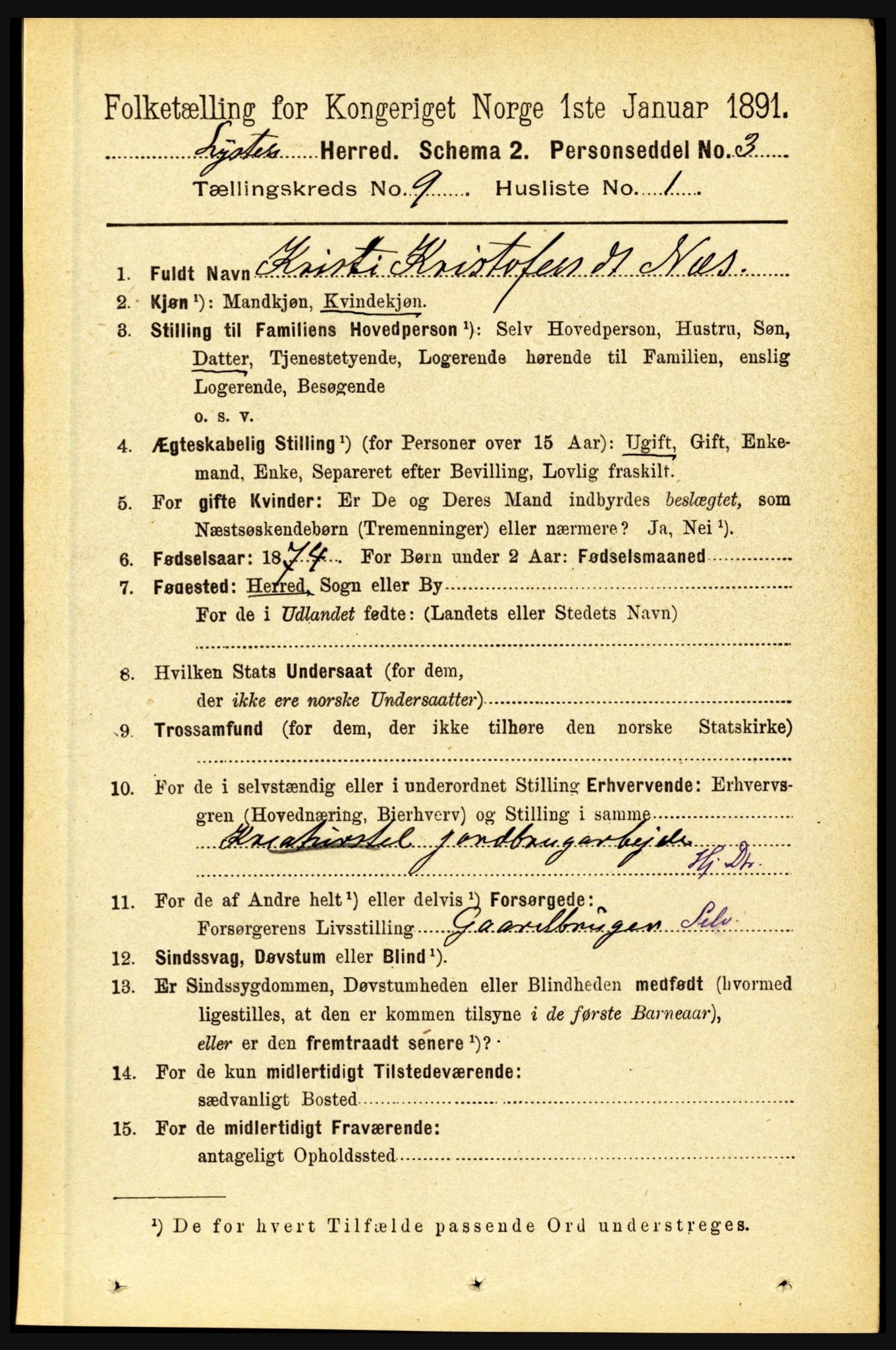 RA, 1891 census for 1426 Luster, 1891, p. 2809