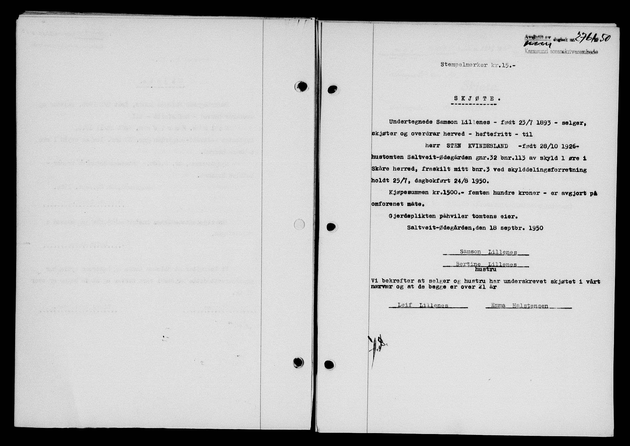 Karmsund sorenskriveri, SAST/A-100311/01/II/IIB/L0101: Mortgage book no. 81A, 1950-1951, Diary no: : 2761/1950