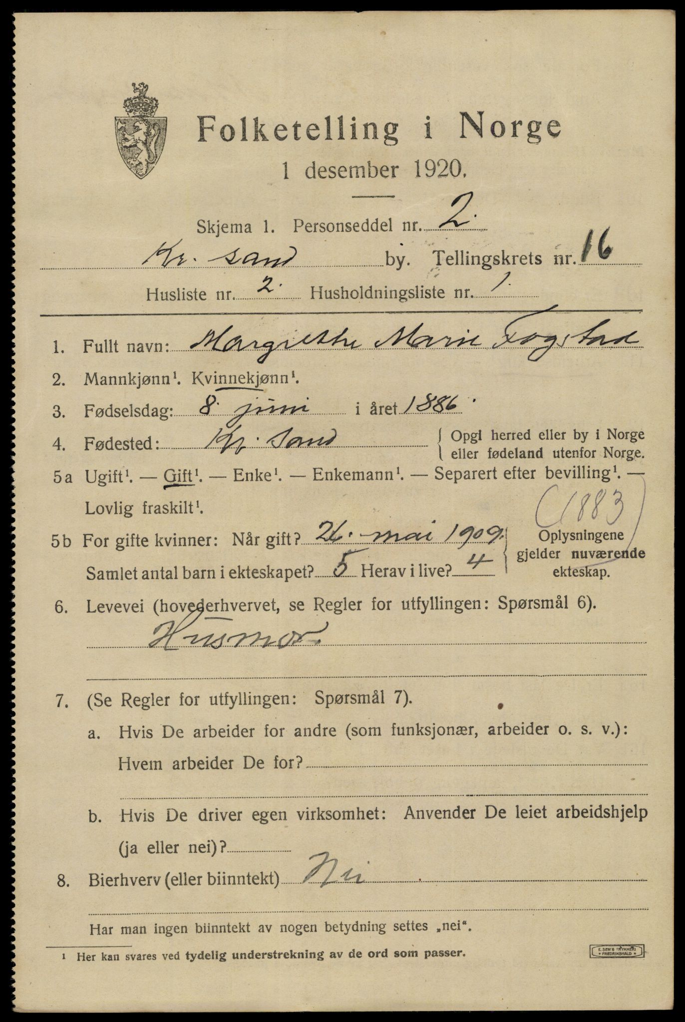 SAK, 1920 census for Kristiansand, 1920, p. 31397