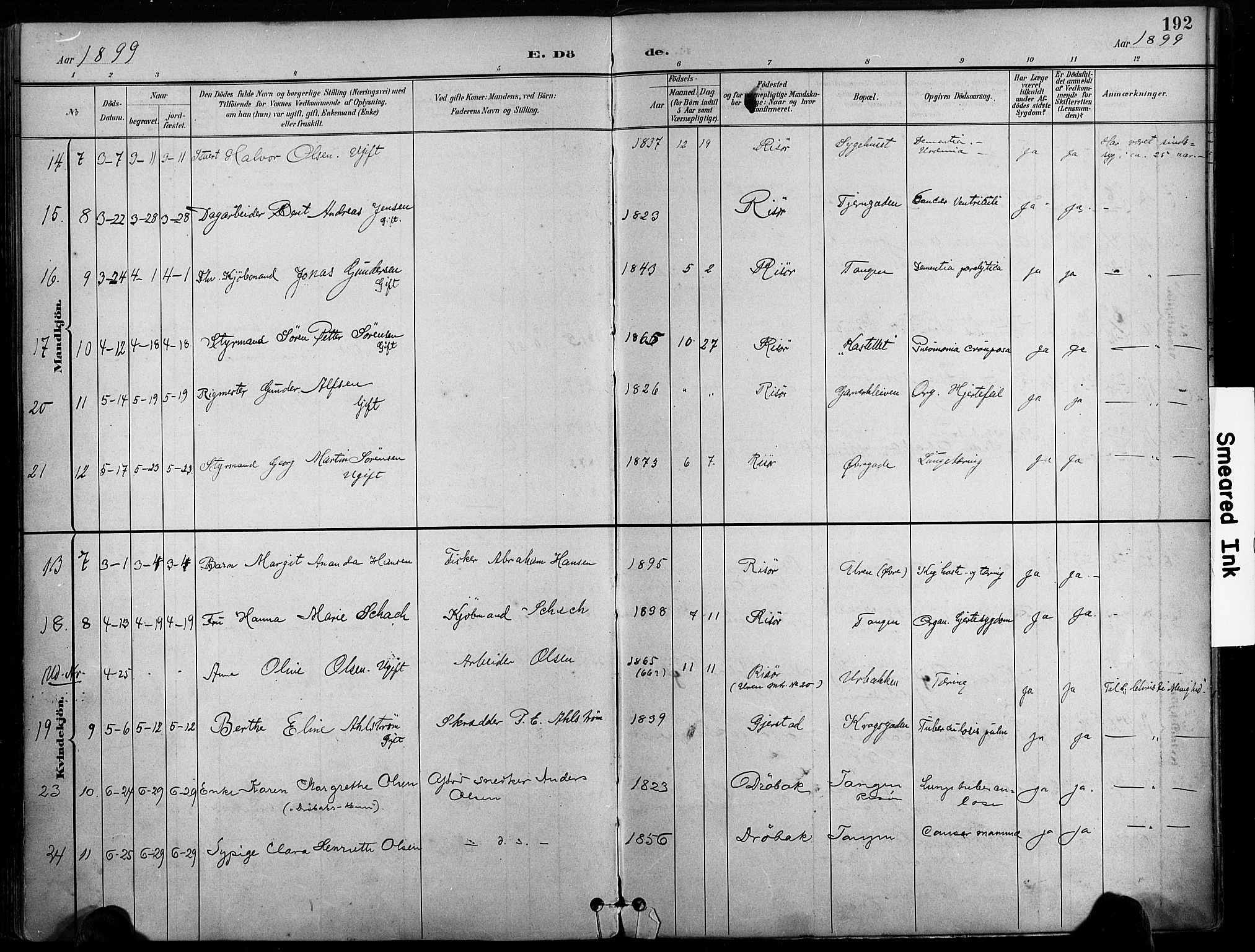 Risør sokneprestkontor, AV/SAK-1111-0035/F/Fa/L0010: Parish register (official) no. A 10, 1896-1906, p. 192