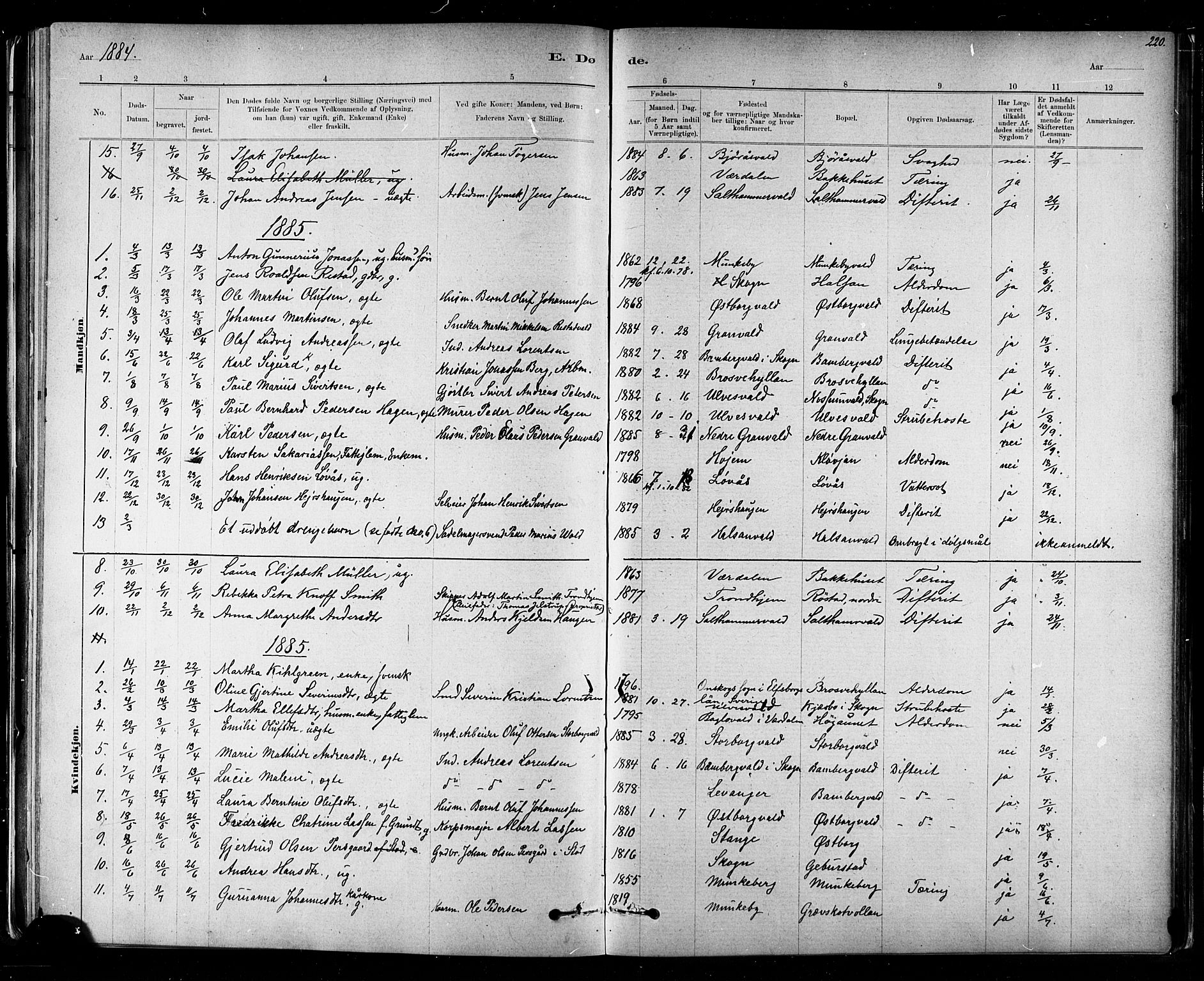 Ministerialprotokoller, klokkerbøker og fødselsregistre - Nord-Trøndelag, AV/SAT-A-1458/721/L0208: Parish register (copy) no. 721C01, 1880-1917, p. 220