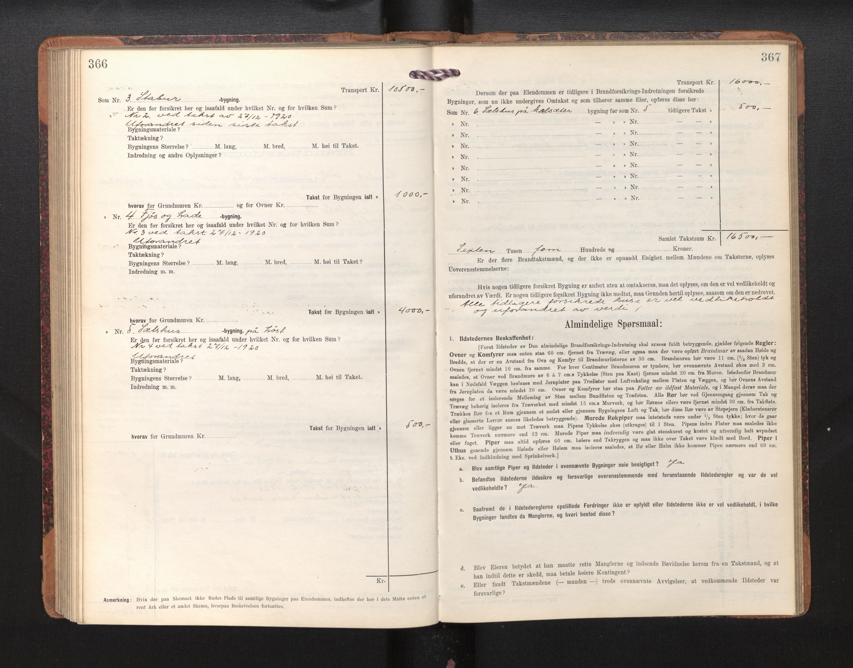 Lensmannen i Årdal, AV/SAB-A-30501/0012/L0009: Branntakstprotokoll, skjematakst, 1914-1926, p. 366-367