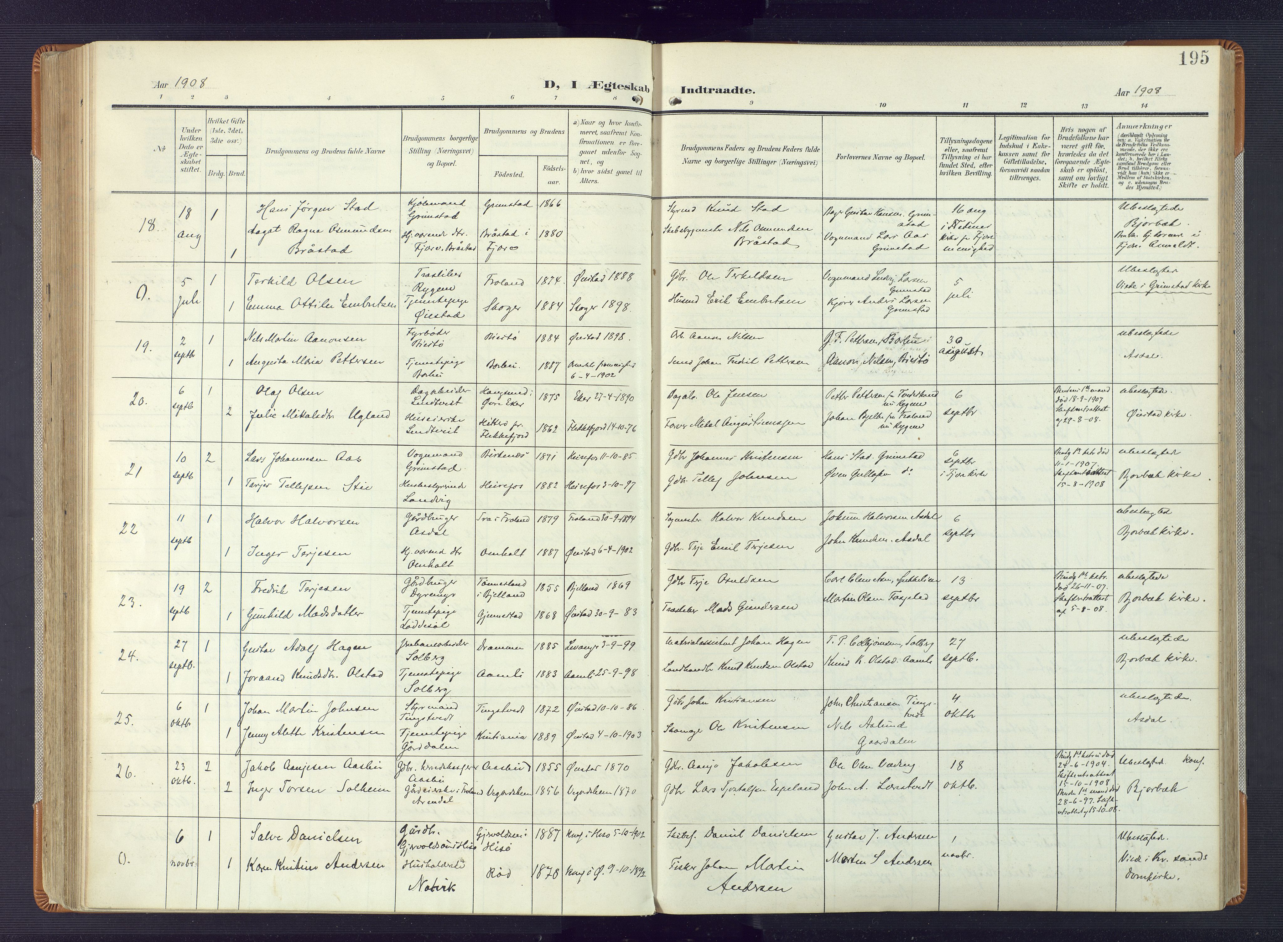 Øyestad sokneprestkontor, AV/SAK-1111-0049/F/Fa/L0019: Parish register (official) no. A 19, 1908-1922, p. 195