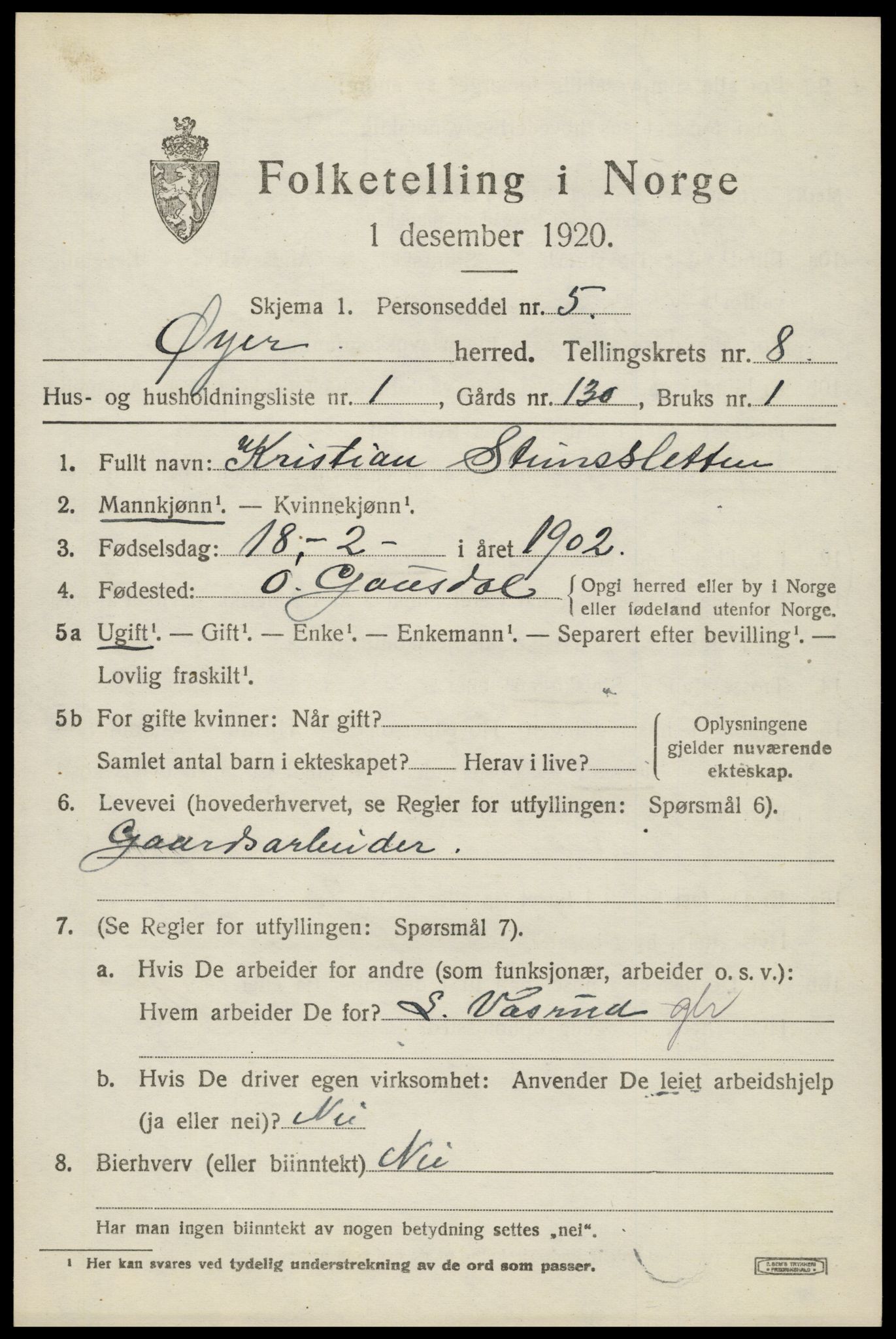 SAH, 1920 census for Øyer, 1920, p. 6718