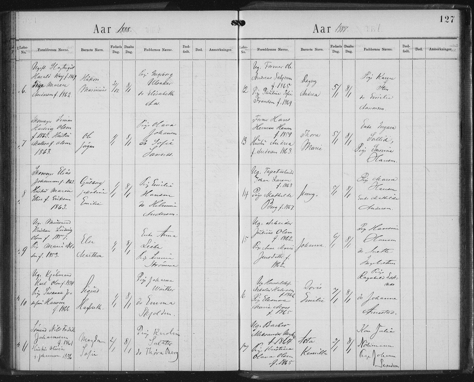 Rikshospitalet prestekontor Kirkebøker, SAO/A-10309b/K/L0003/0002: Baptism register no. 3.2, 1884-1889, p. 127