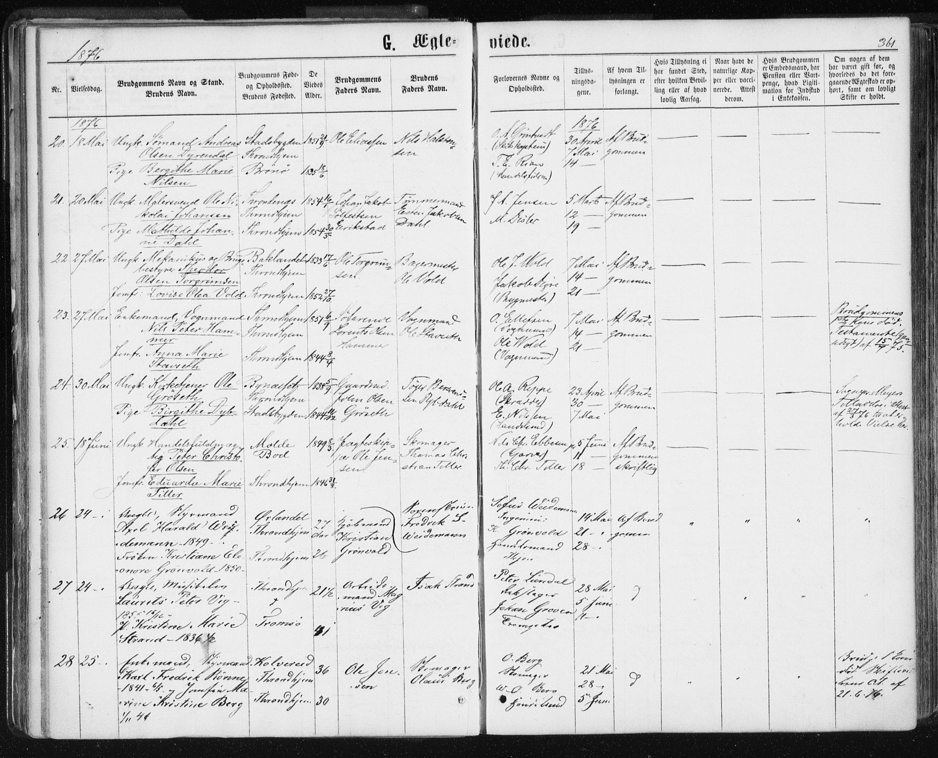 Ministerialprotokoller, klokkerbøker og fødselsregistre - Sør-Trøndelag, SAT/A-1456/601/L0055: Parish register (official) no. 601A23, 1866-1877, p. 361