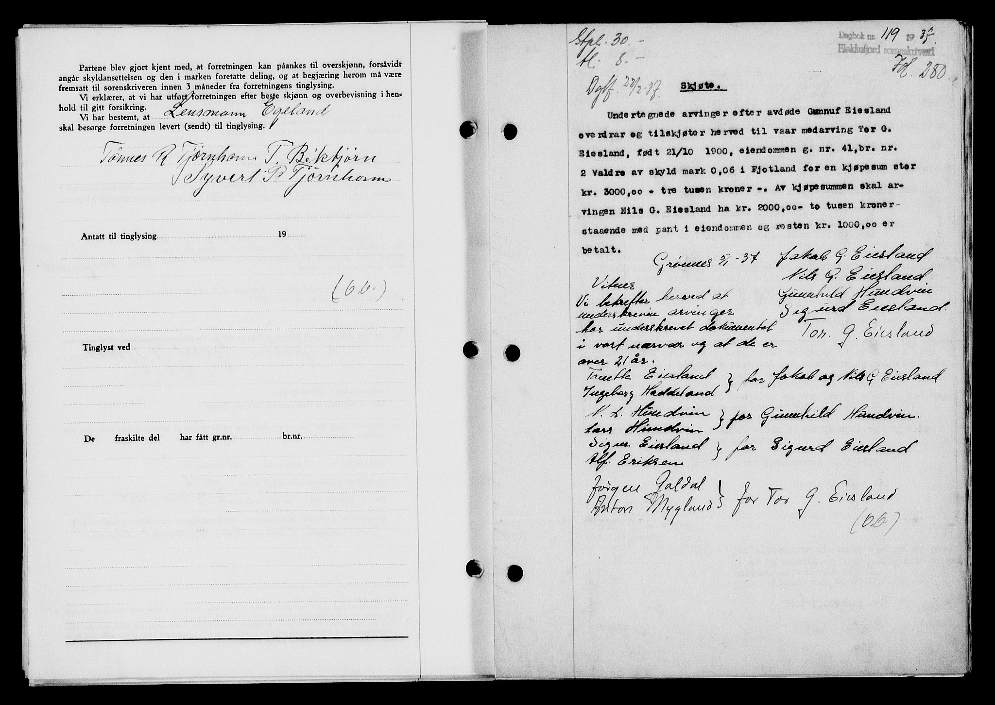 Flekkefjord sorenskriveri, SAK/1221-0001/G/Gb/Gba/L0053: Mortgage book no. A-1, 1936-1937, Diary no: : 119/1937