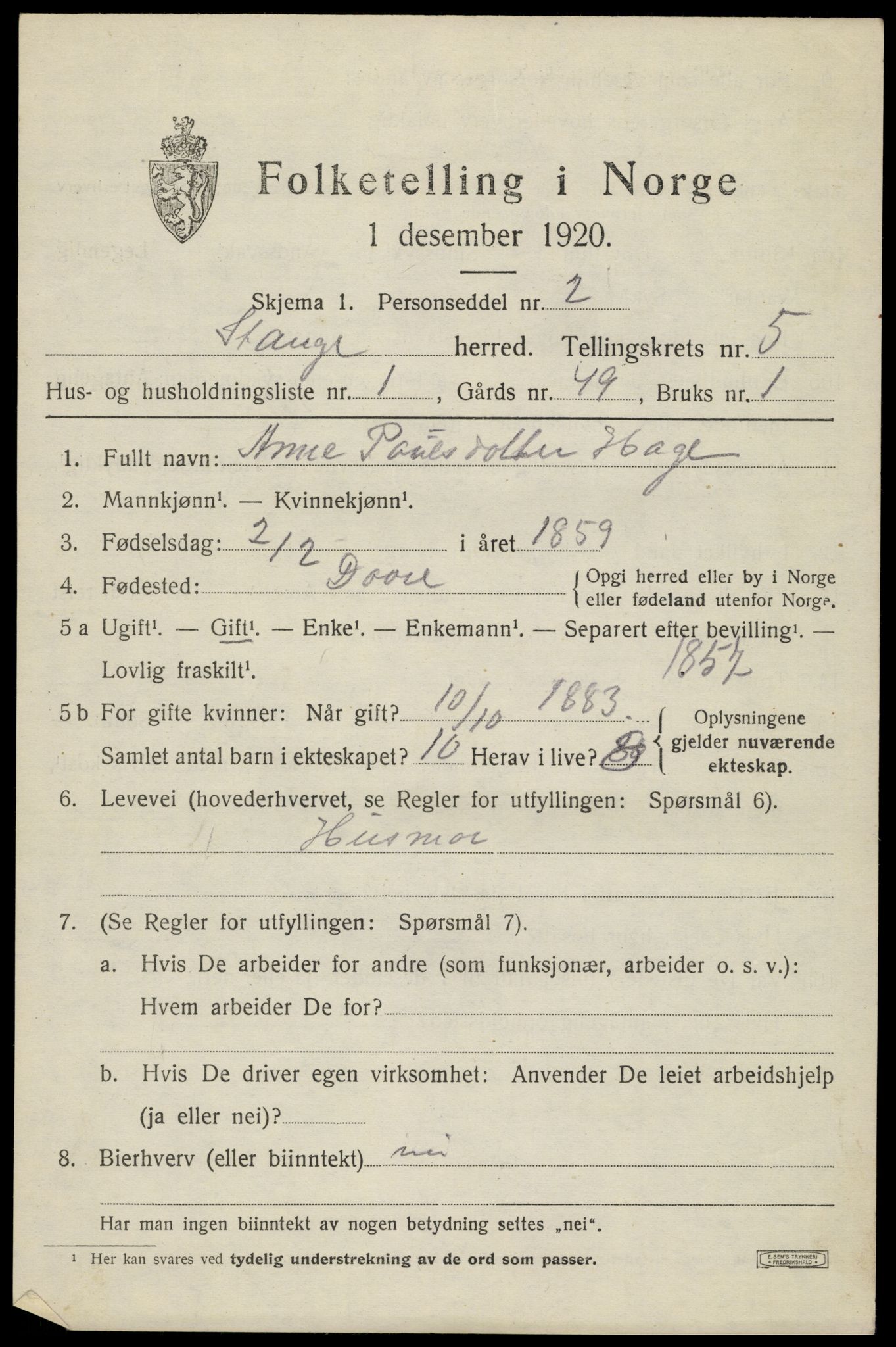 SAH, 1920 census for Stange, 1920, p. 8909