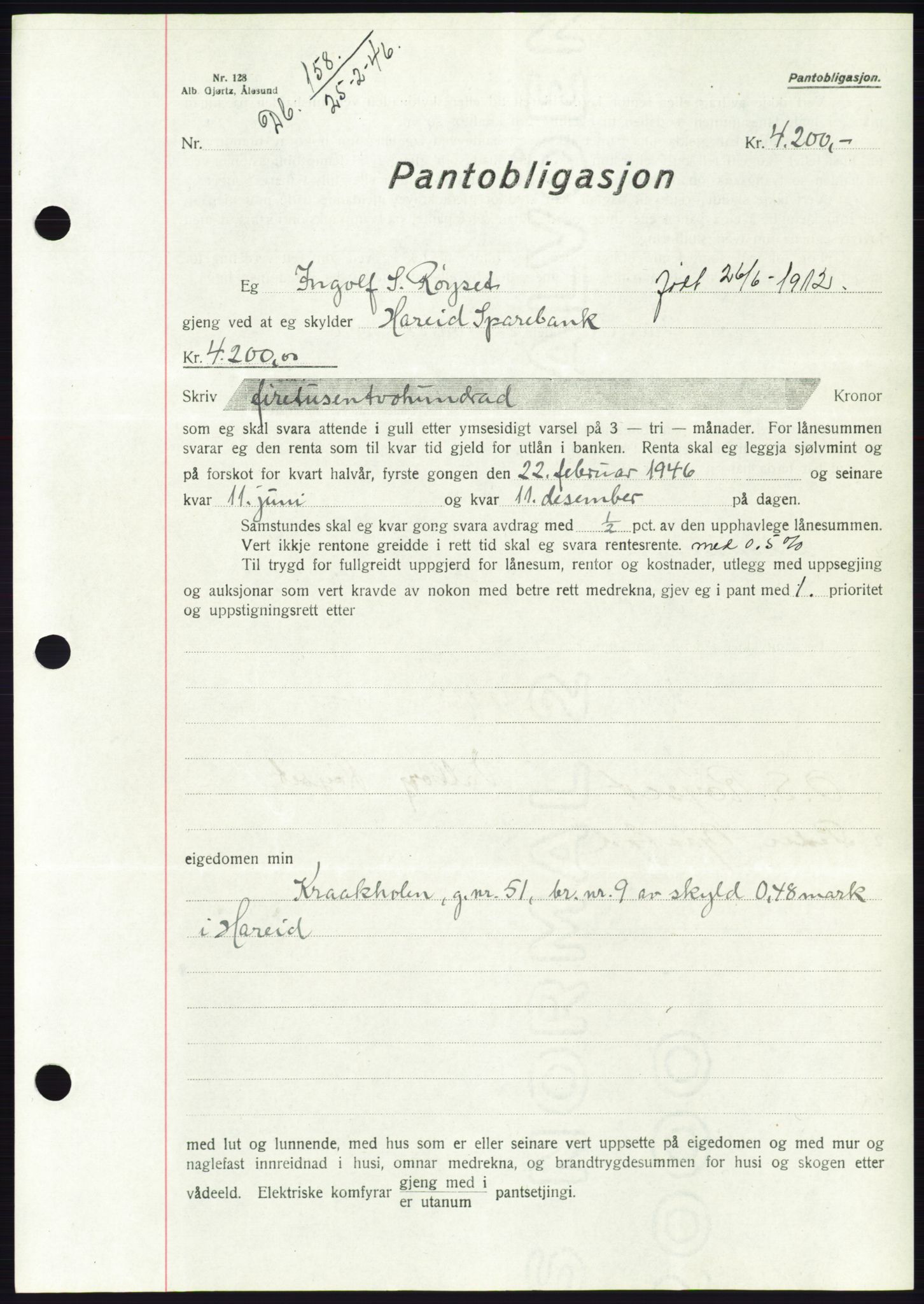 Søre Sunnmøre sorenskriveri, AV/SAT-A-4122/1/2/2C/L0114: Mortgage book no. 1-2B, 1943-1947, Diary no: : 158/1946