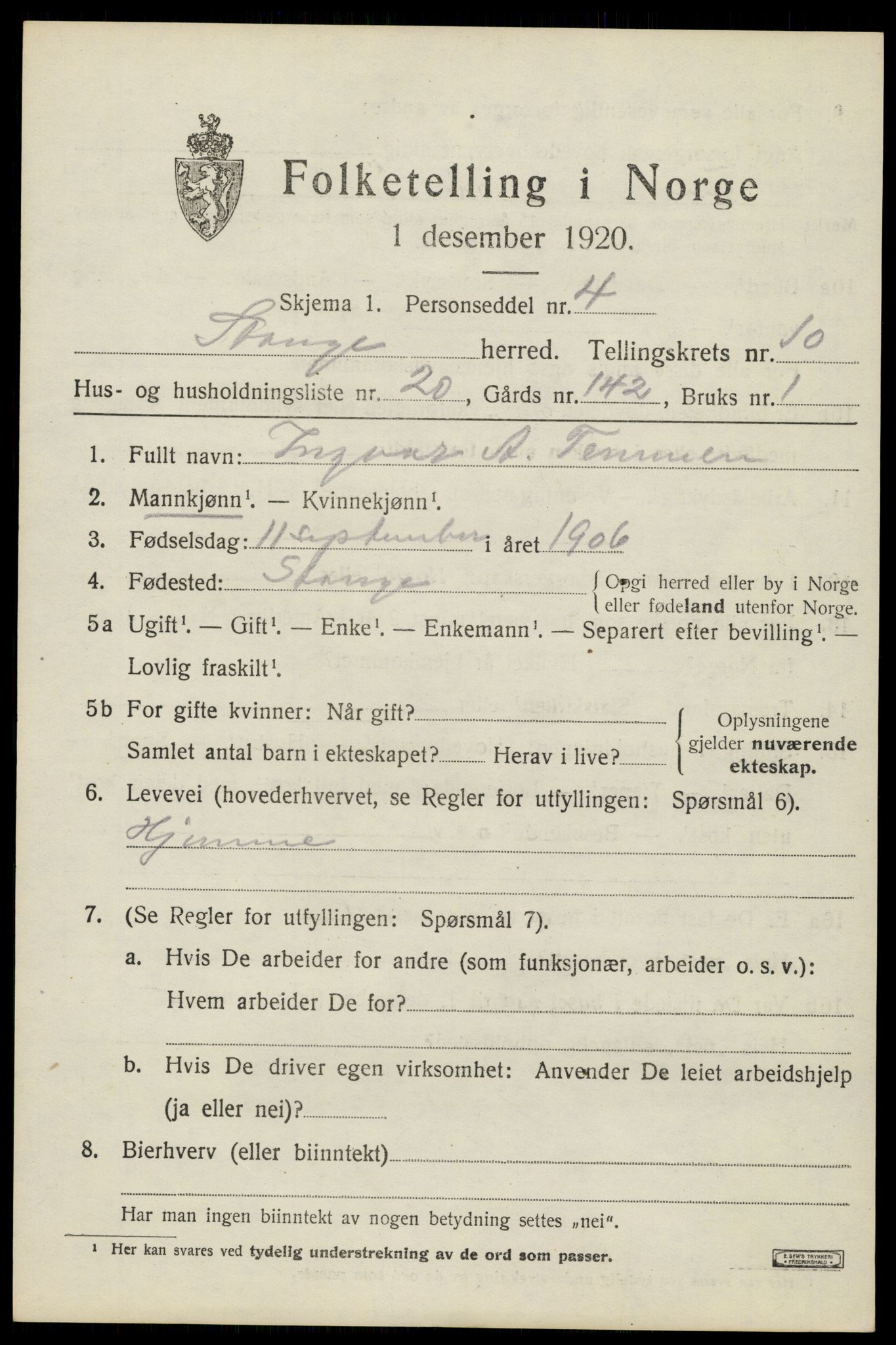 SAH, 1920 census for Stange, 1920, p. 16079