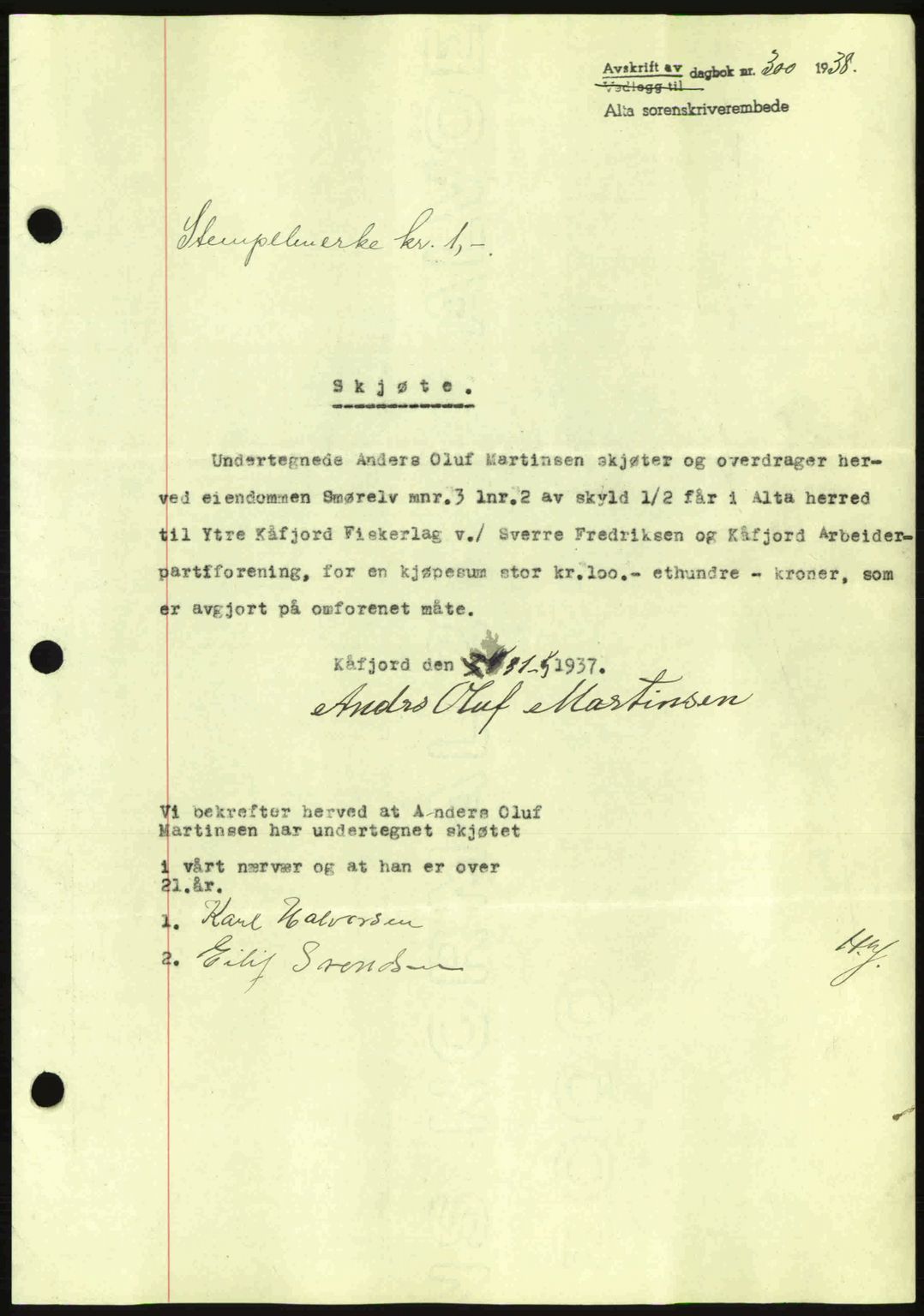 Alta fogderi/sorenskriveri, SATØ/SATØ-5/1/K/Kd/L0031pantebok: Mortgage book no. 31, 1938-1939, Diary no: : 300/1938