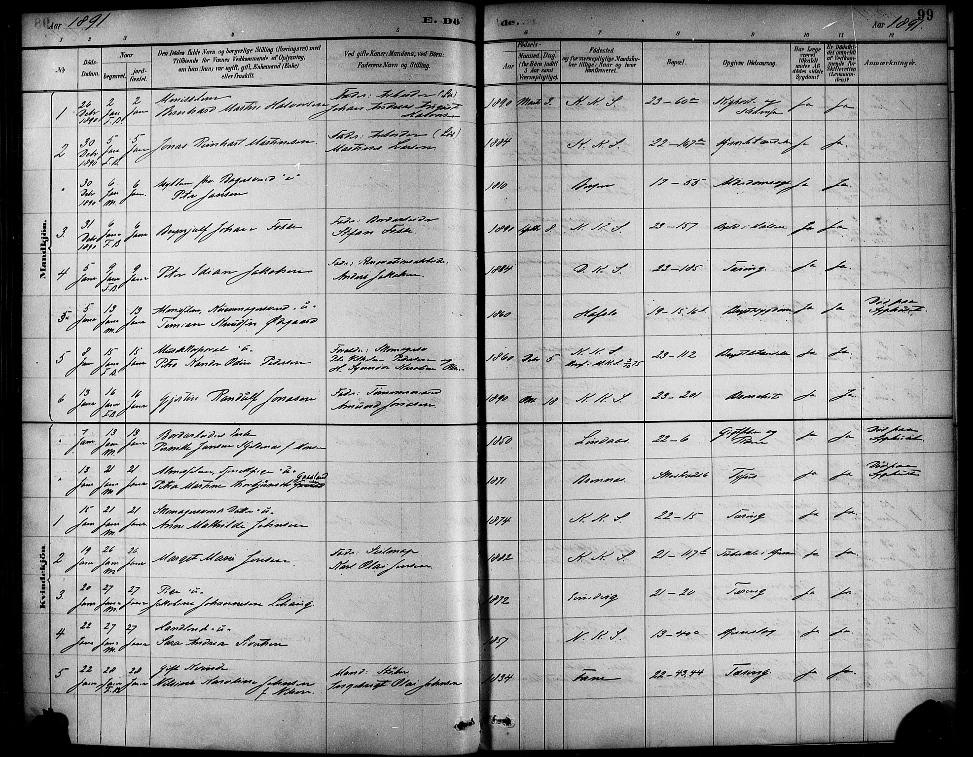 Korskirken sokneprestembete, SAB/A-76101/H/Haa/L0047: Parish register (official) no. E 5, 1884-1910, p. 99