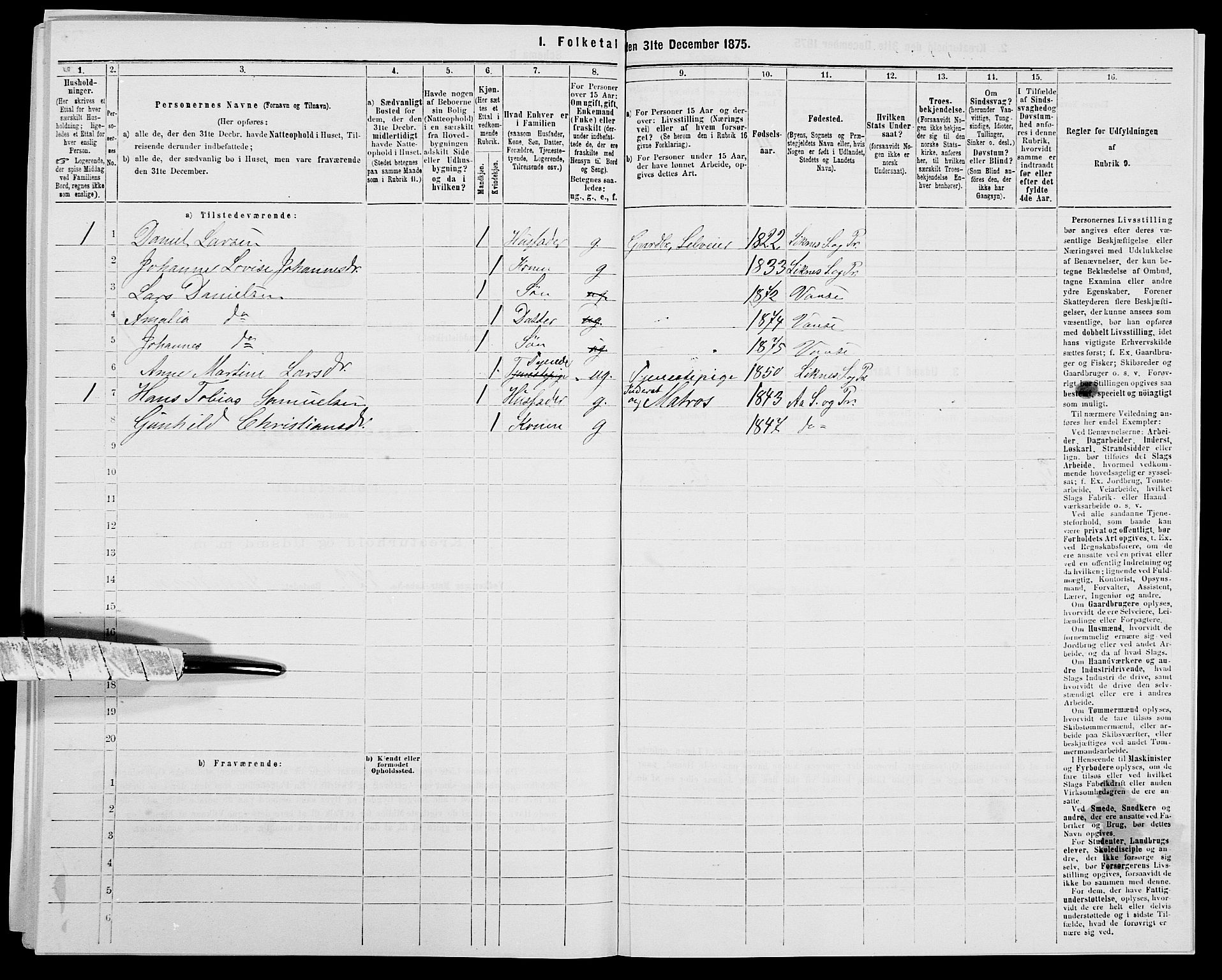 SAK, 1875 census for 1041L Vanse/Vanse og Farsund, 1875, p. 2467