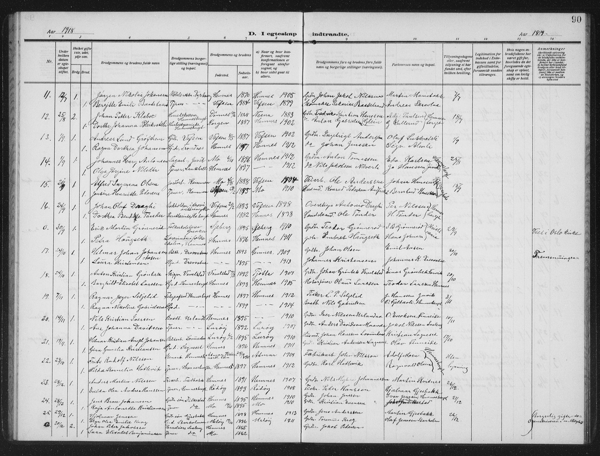 Ministerialprotokoller, klokkerbøker og fødselsregistre - Nordland, AV/SAT-A-1459/825/L0371: Parish register (copy) no. 825C08, 1907-1940, p. 90