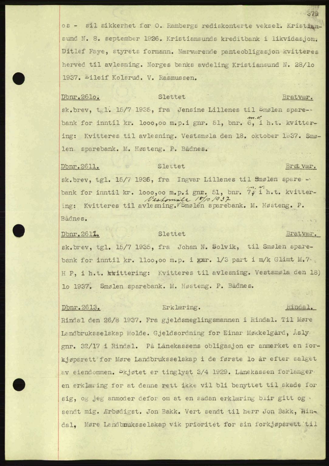 Nordmøre sorenskriveri, AV/SAT-A-4132/1/2/2Ca: Mortgage book no. C80, 1936-1939, Diary no: : 2610/1937