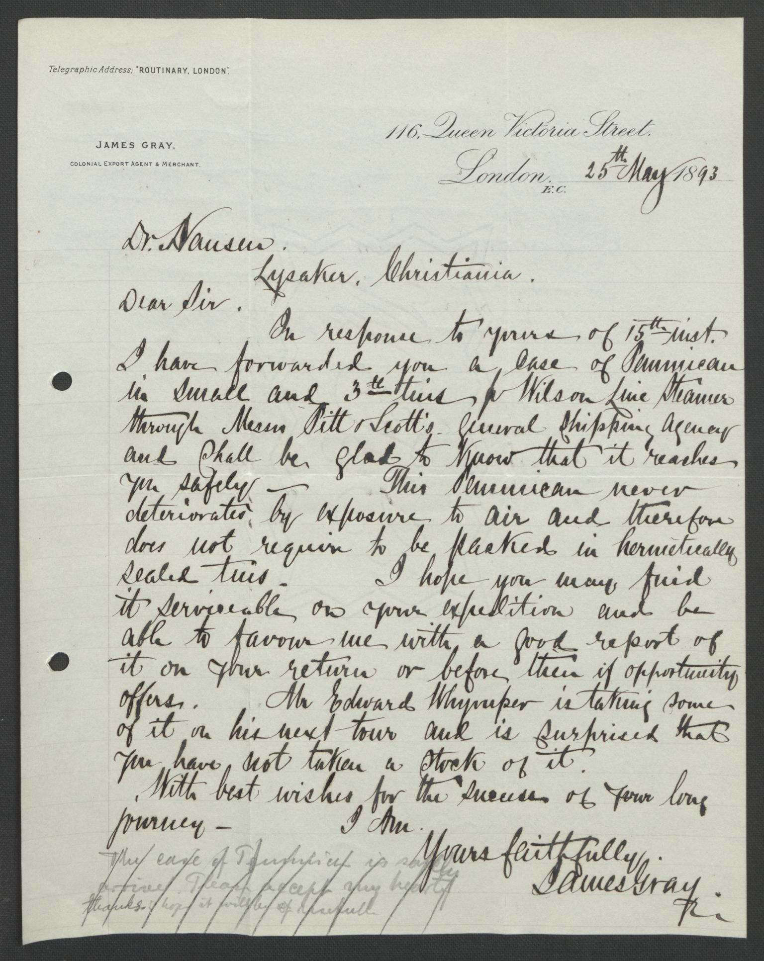 Arbeidskomitéen for Fridtjof Nansens polarekspedisjon, AV/RA-PA-0061/D/L0004: Innk. brev og telegrammer vedr. proviant og utrustning, 1892-1893, p. 653