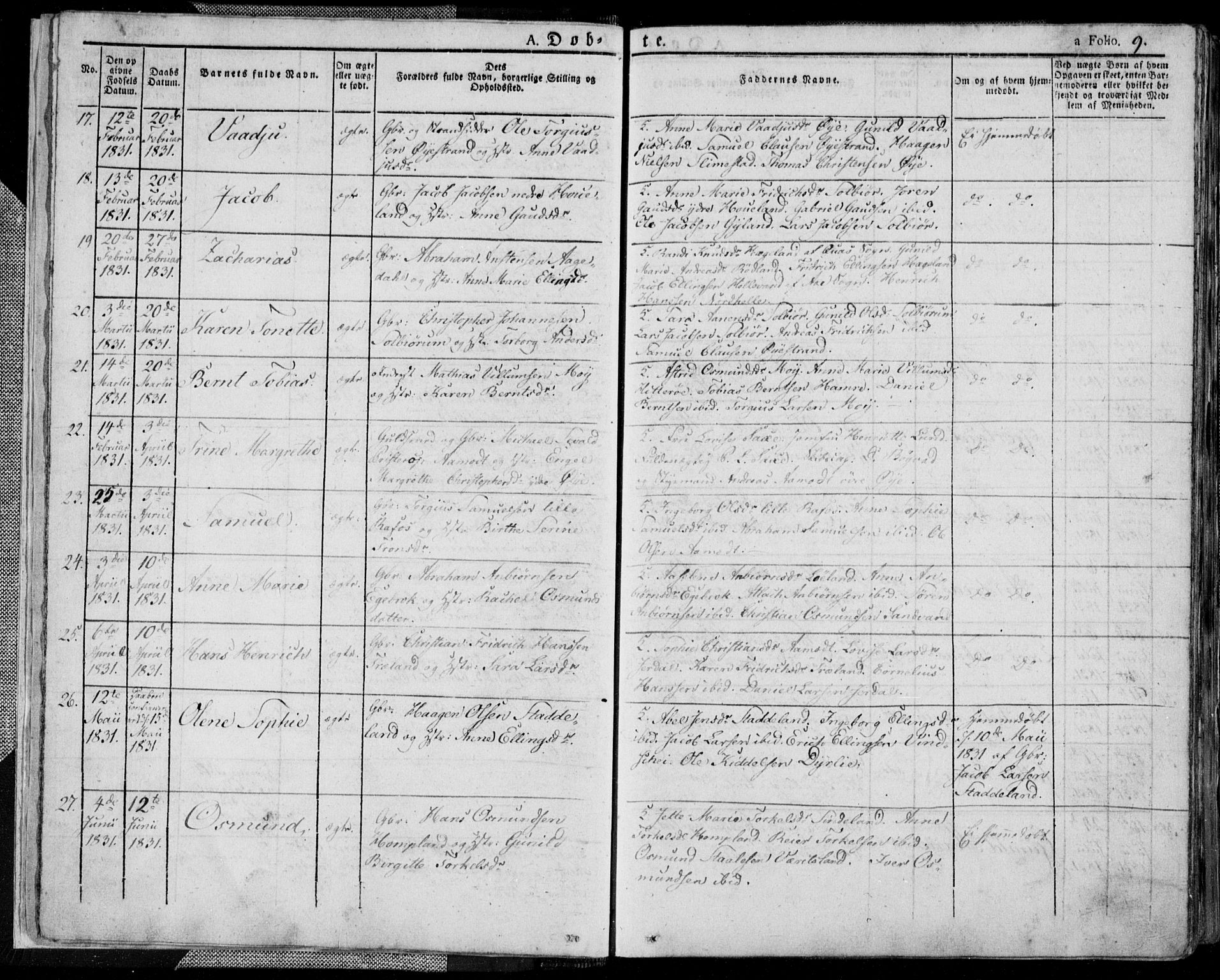 Kvinesdal sokneprestkontor, AV/SAK-1111-0026/F/Fa/Fab/L0004: Parish register (official) no. A 4, 1829-1843, p. 9