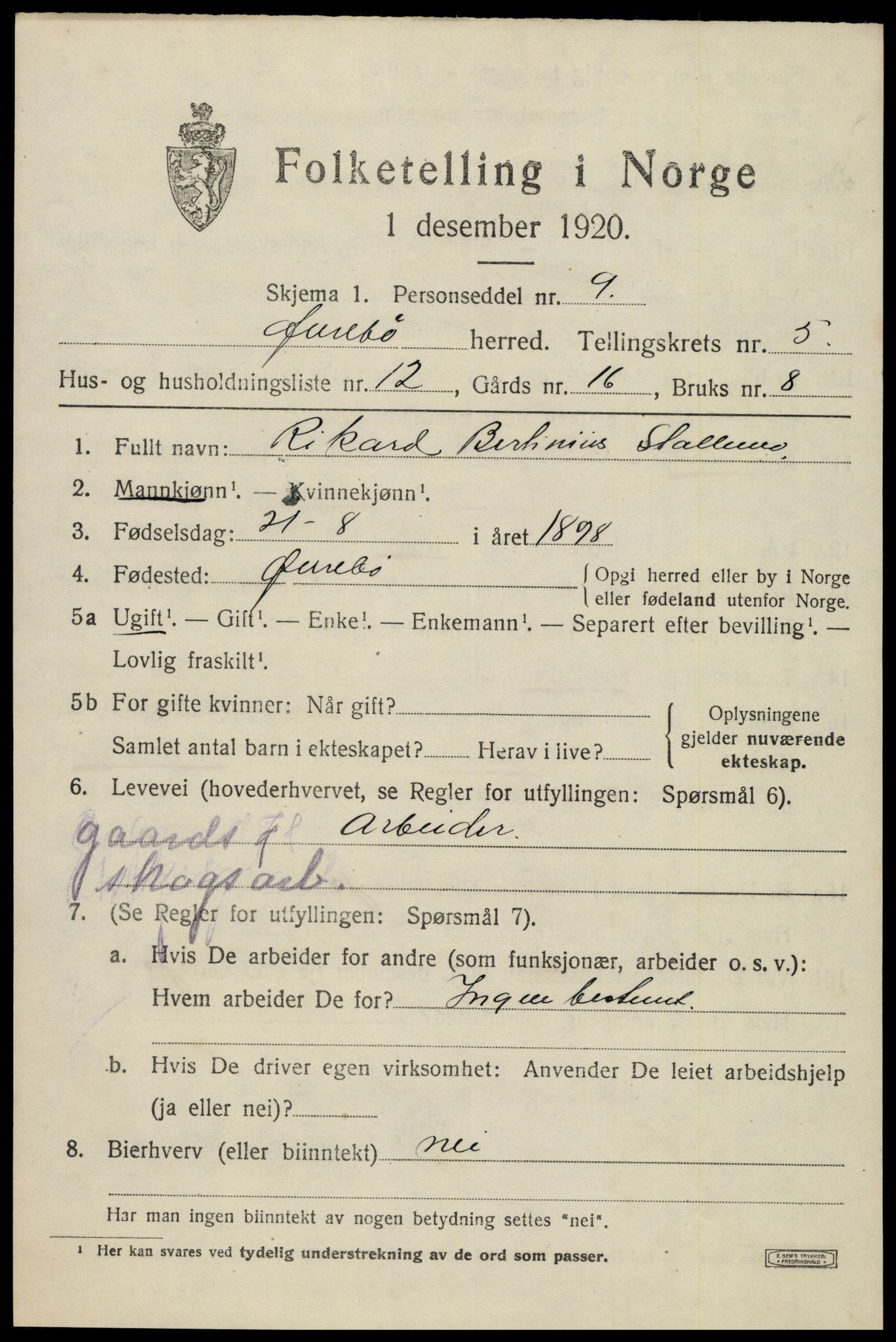 SAK, 1920 census for Øvrebø, 1920, p. 1128