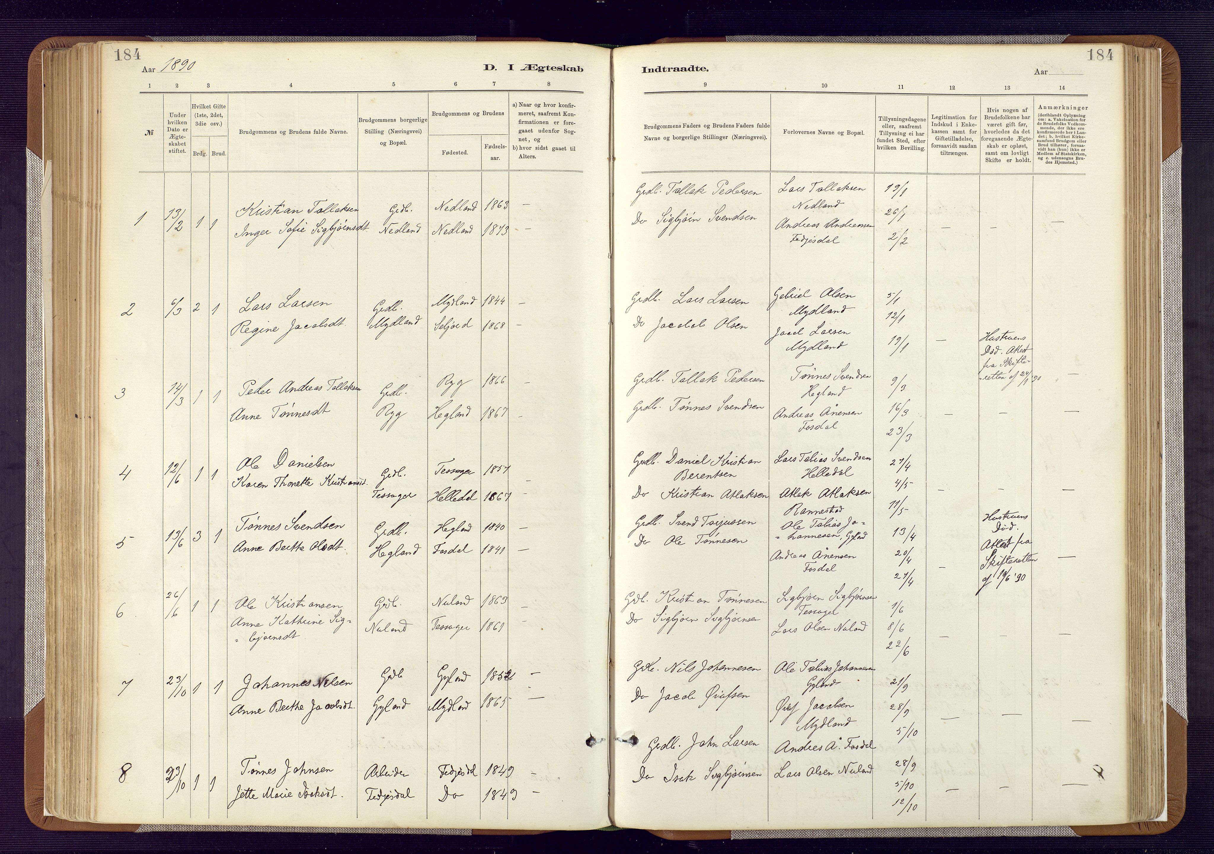 Bakke sokneprestkontor, SAK/1111-0002/F/Fa/Fab/L0003: Parish register (official) no. A 3, 1884-1921, p. 184