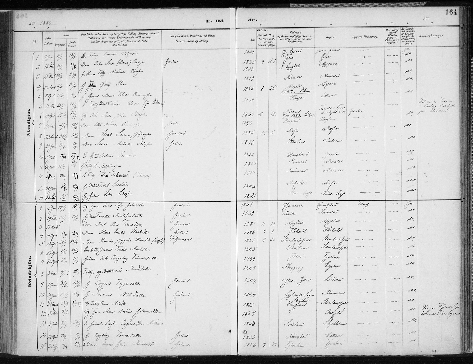 Kvinesdal sokneprestkontor, AV/SAK-1111-0026/F/Fa/Fab/L0008: Parish register (official) no. A 8, 1886-1897, p. 164