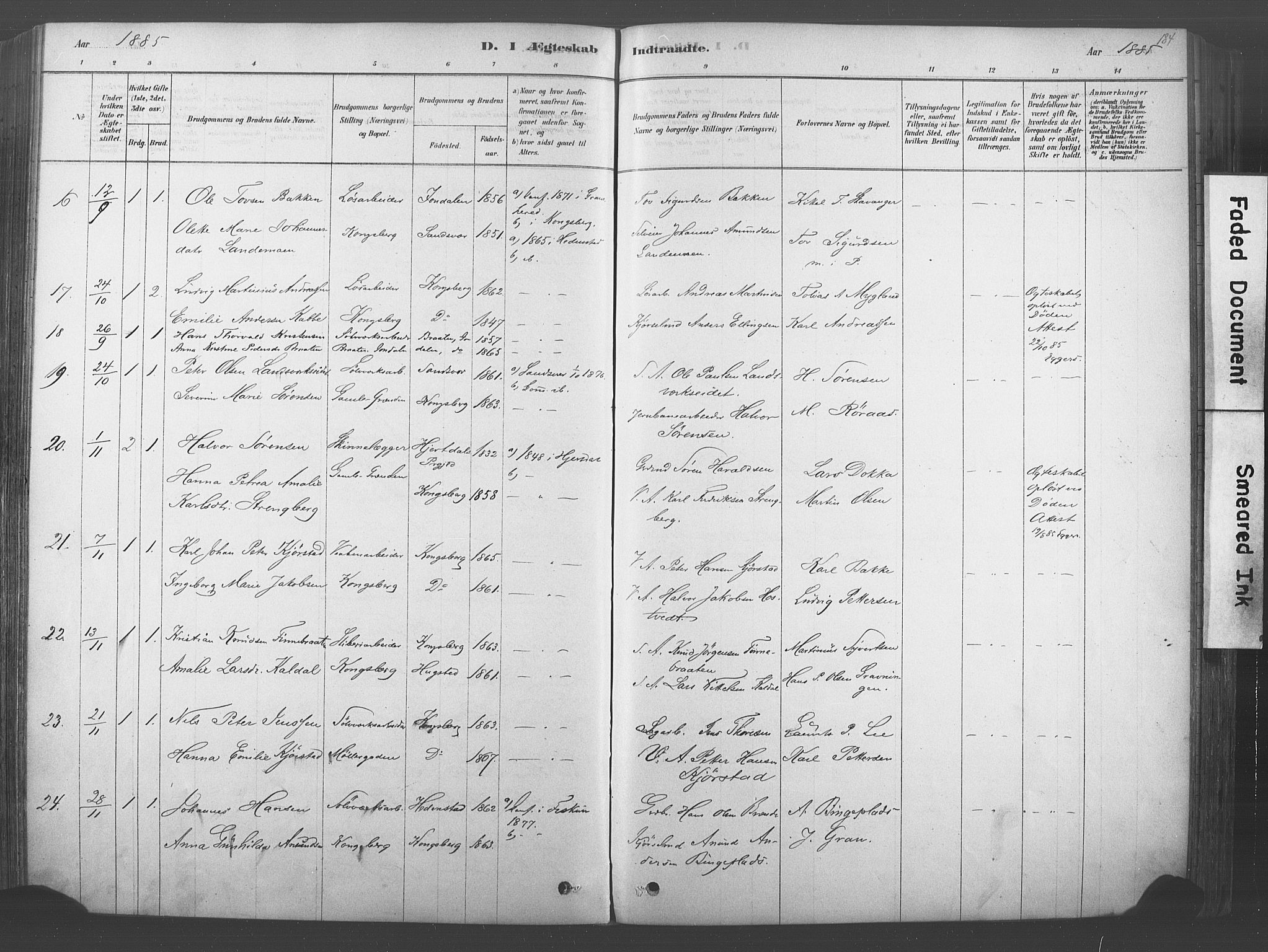Kongsberg kirkebøker, SAKO/A-22/F/Fb/L0001: Parish register (official) no. II 1, 1878-1886, p. 184