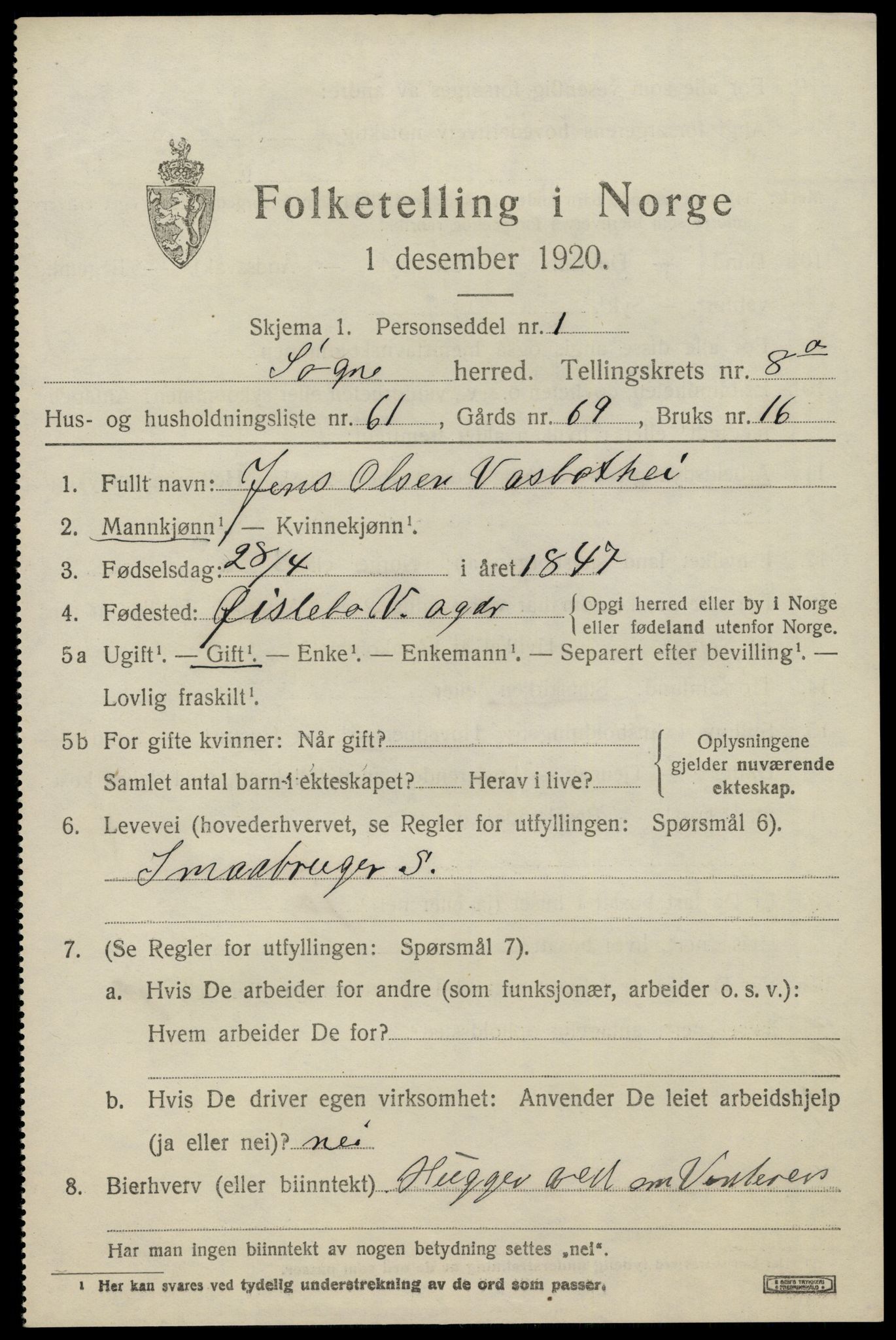 SAK, 1920 census for Søgne, 1920, p. 4597