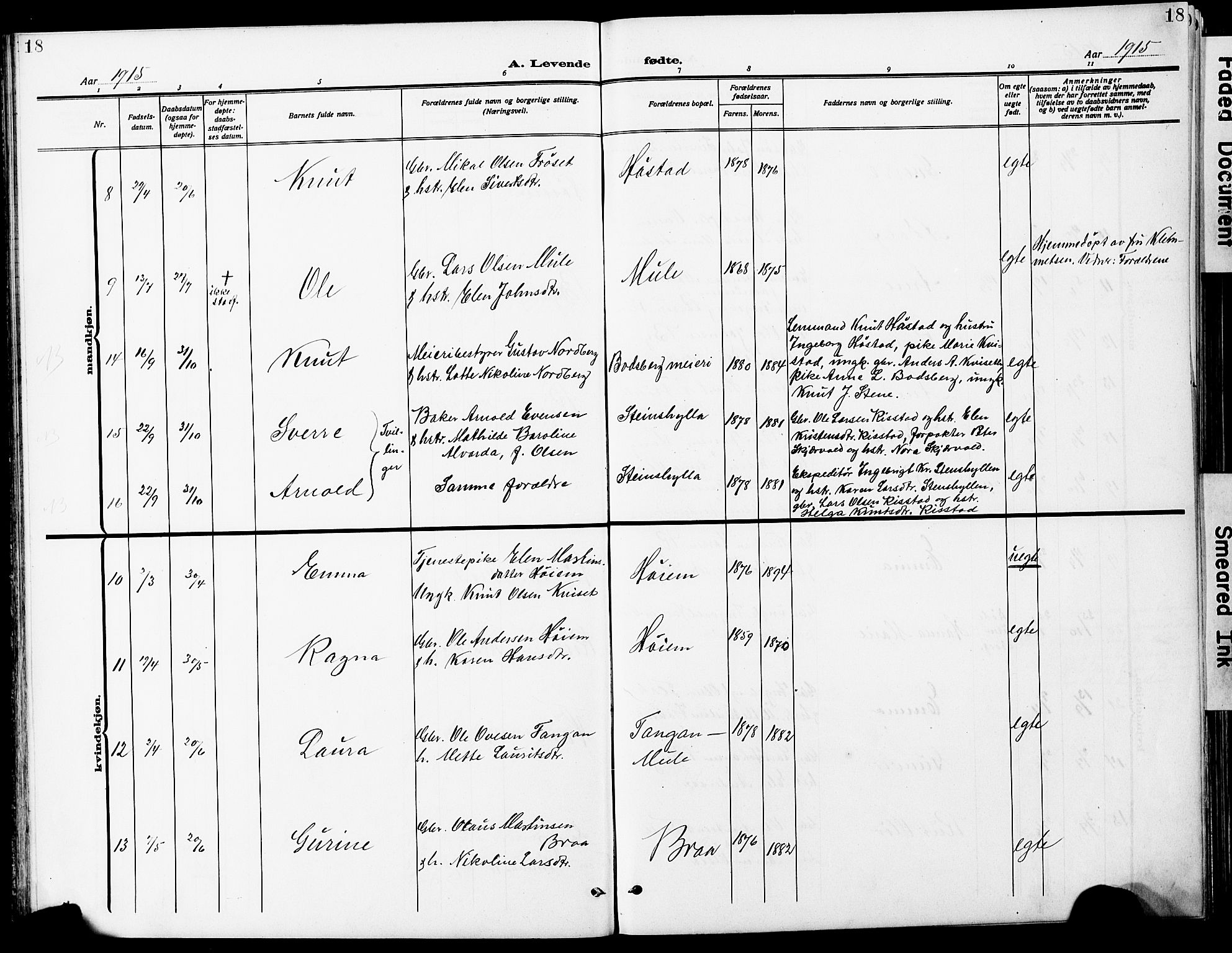 Ministerialprotokoller, klokkerbøker og fødselsregistre - Sør-Trøndelag, SAT/A-1456/612/L0388: Parish register (copy) no. 612C04, 1909-1929, p. 18