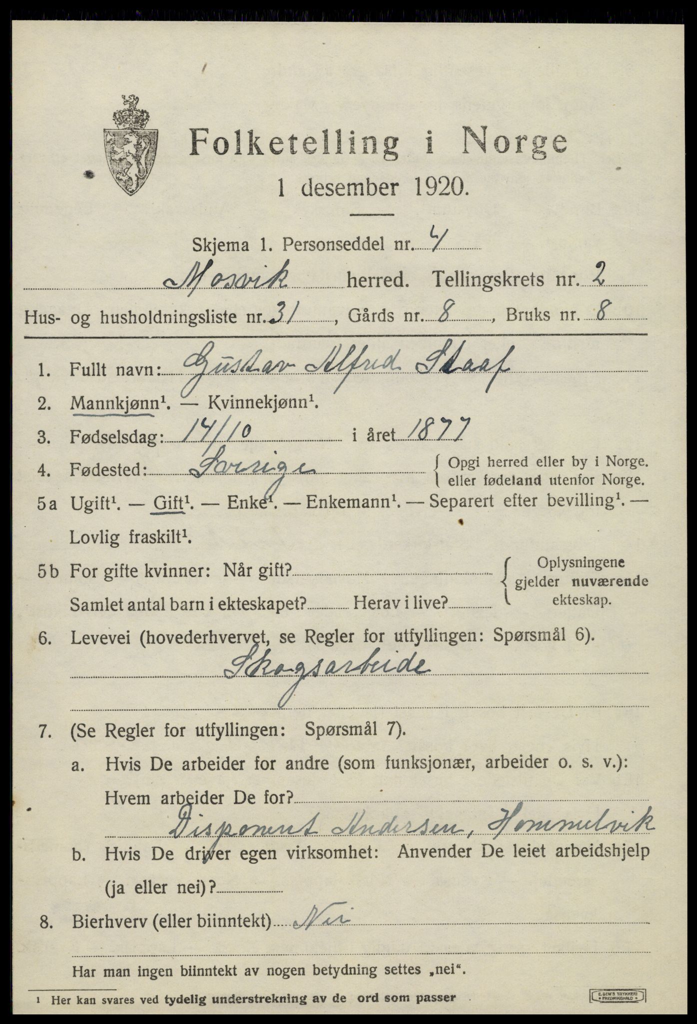 SAT, 1920 census for Mosvik, 1920, p. 848