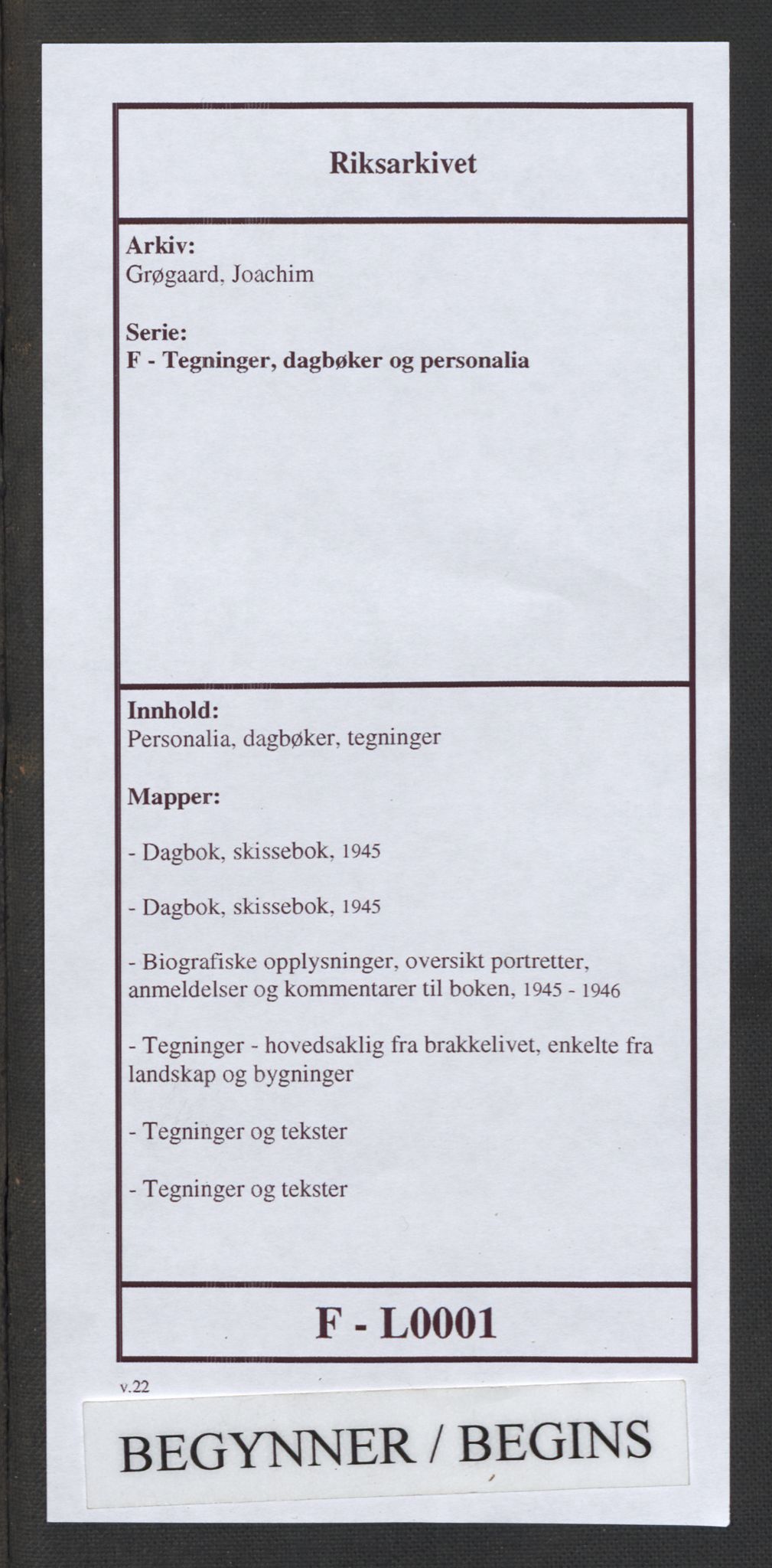 Grøgaard, Joachim, RA/PA-1773/F/L0001: Personalia, dagbøker, tegninger, 1945-1946, p. 1